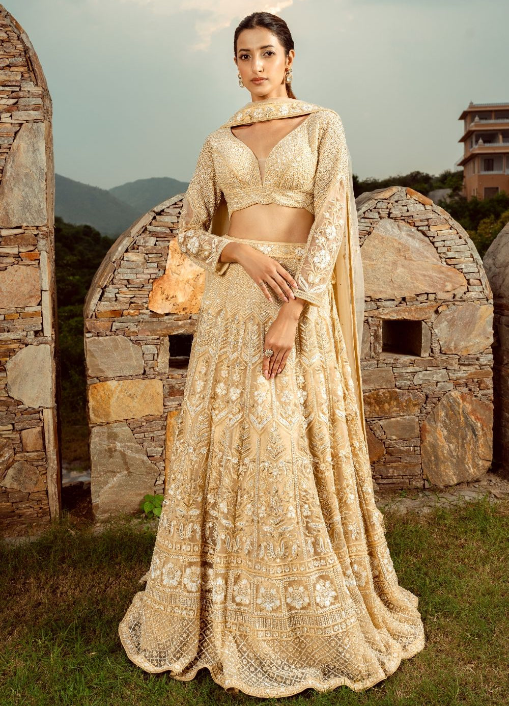 Beige net lehenga with sequins and hand cut dana work