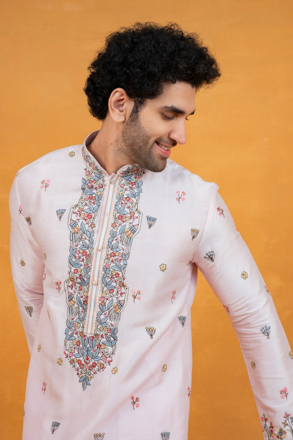 Light pink silk open koti set with multicolour floral thread embroidery