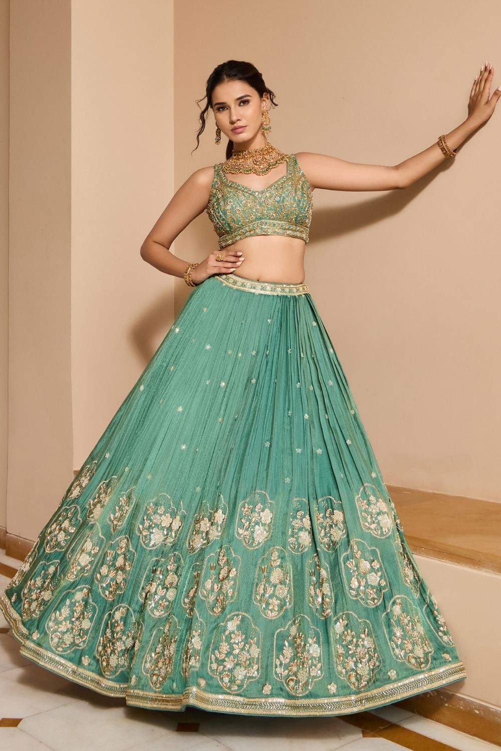 Sea green silk lehenga choli with thread embroidery and sequins work
