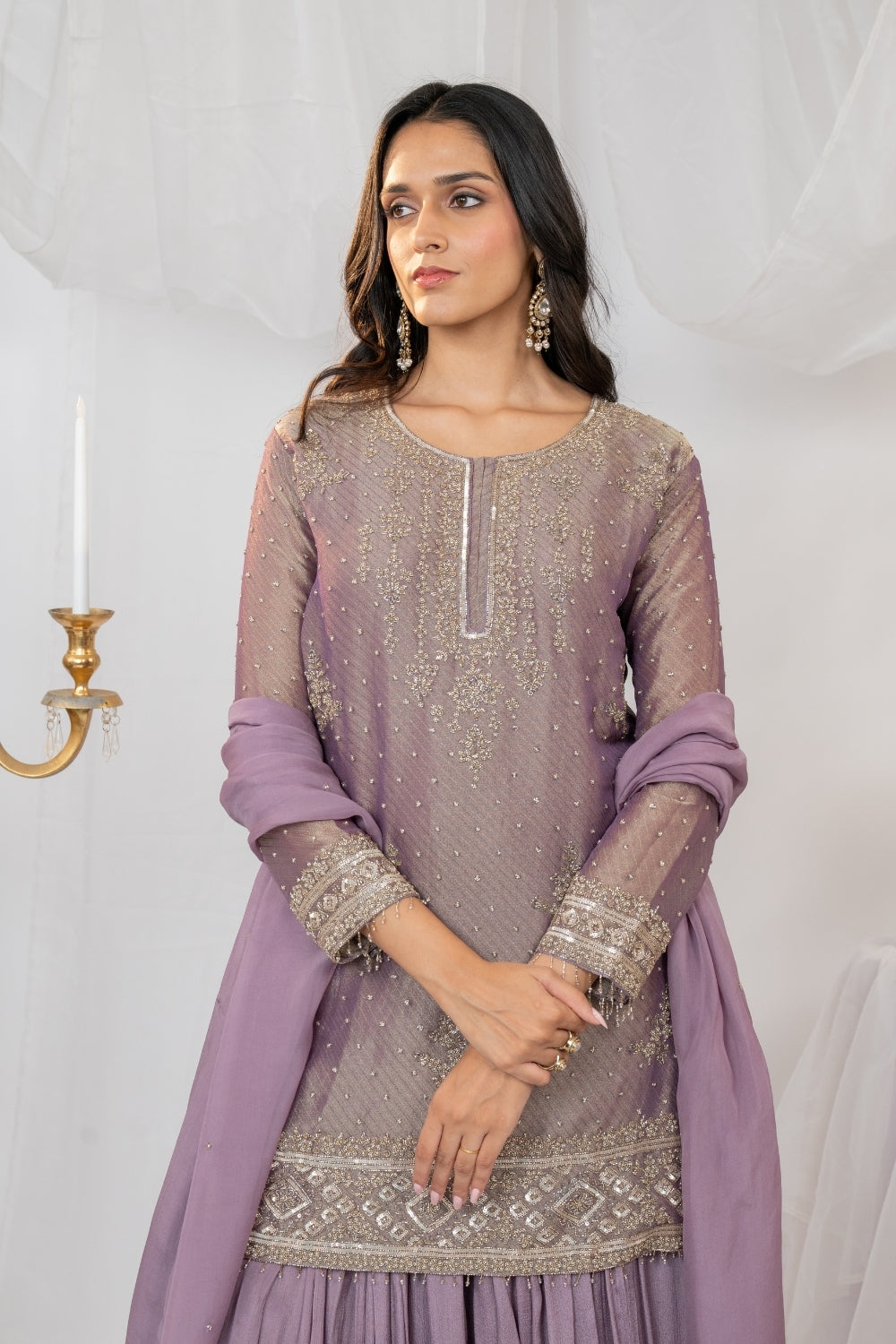 Light Purple Tissue Suit Set with Moti and Cutdana Work