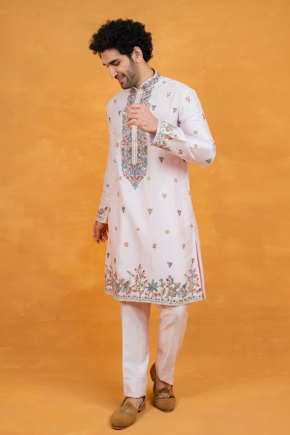 Light pink silk open koti set with multicolour floral thread embroidery
