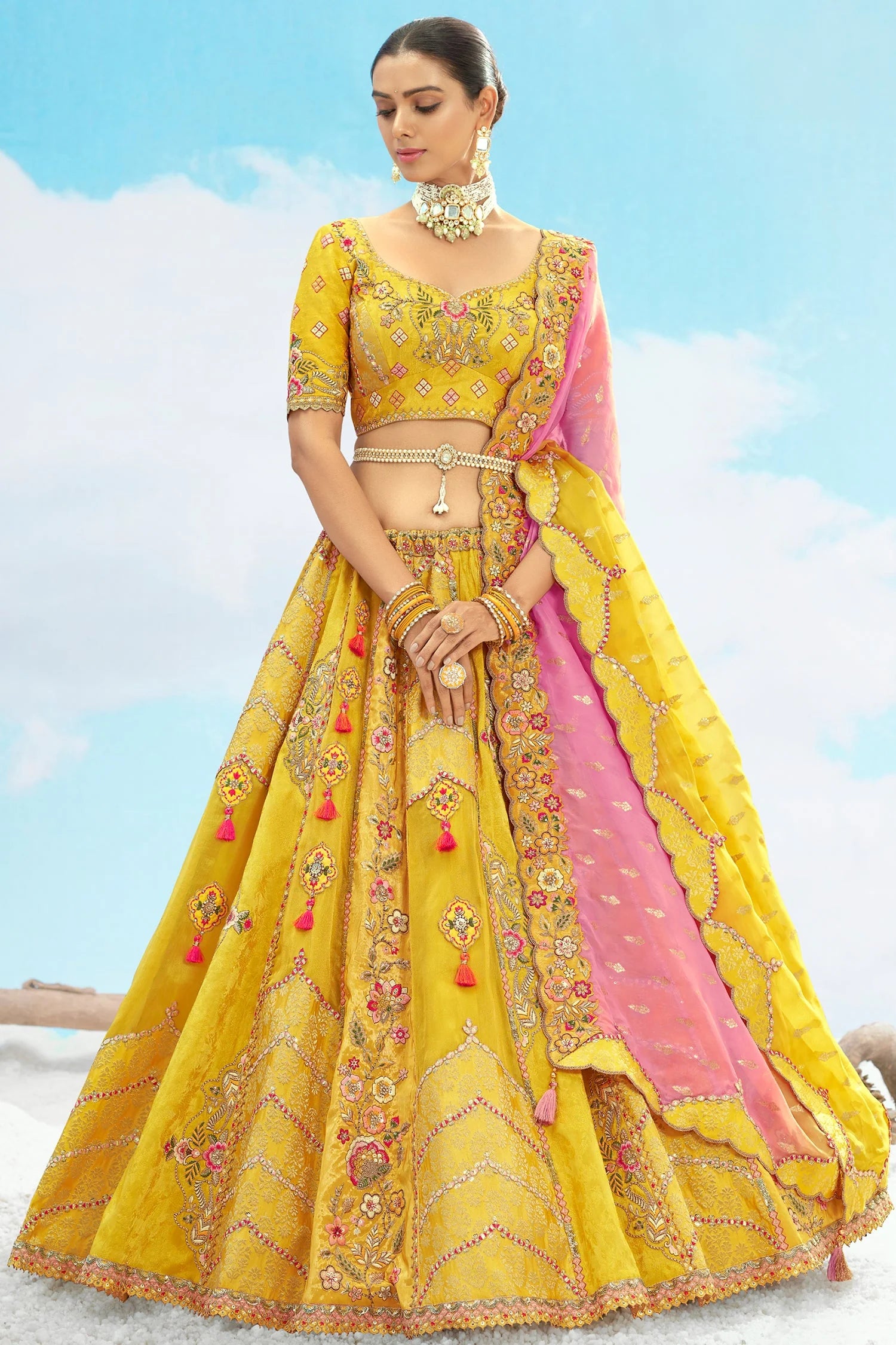 Yellow Embroidered Silk Lehenga with Elegant Sequin Detailing