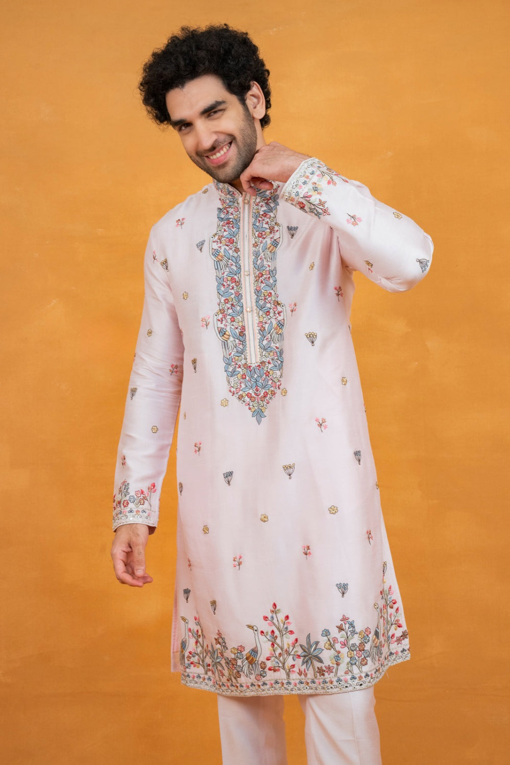 Light pink silk open koti set with multicolour floral thread embroidery