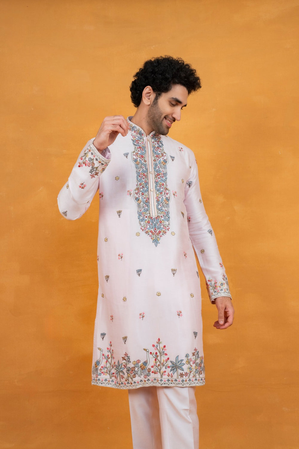 Light pink silk open koti set with multicolour floral thread embroidery