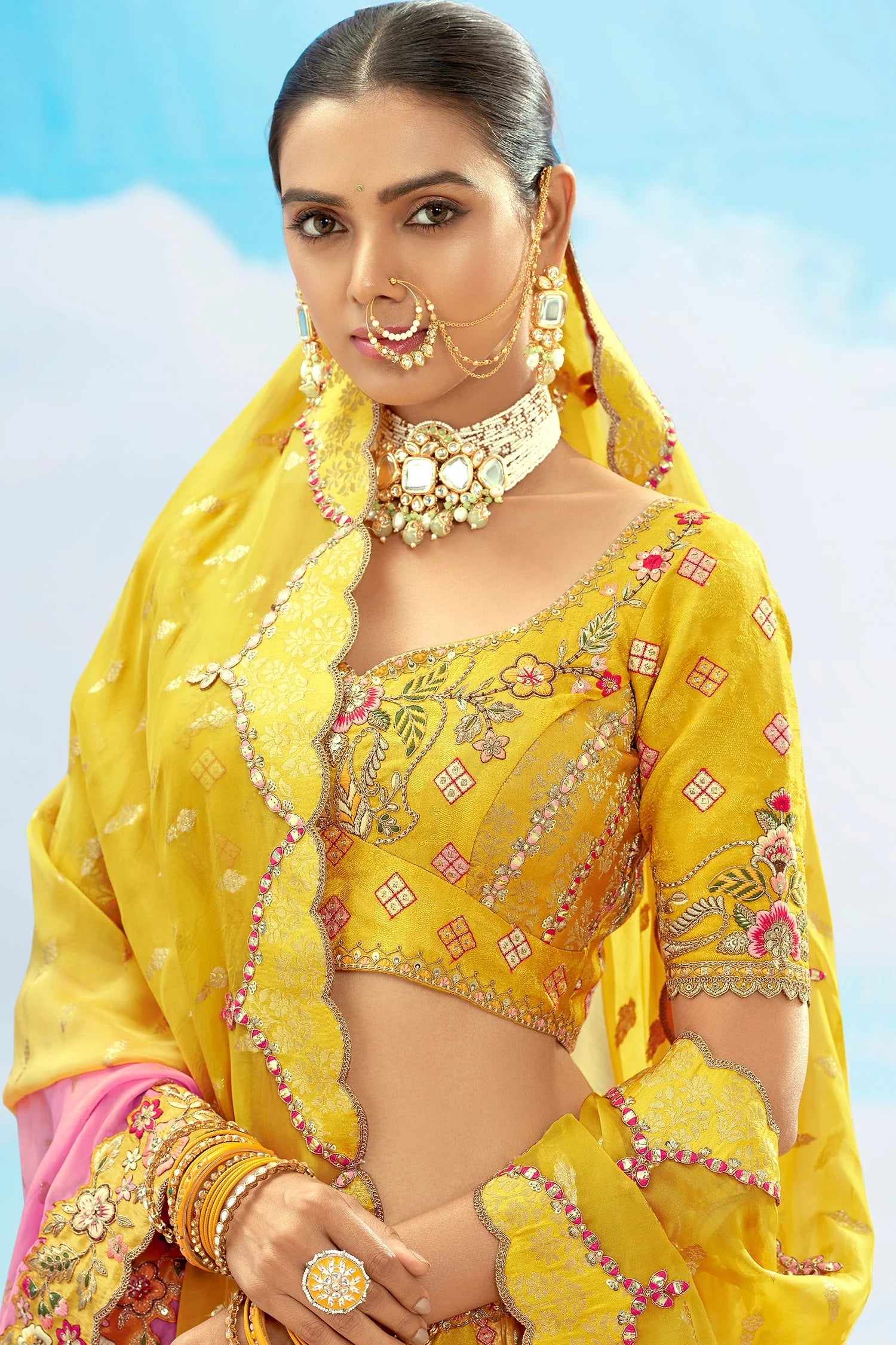Yellow Embroidered Silk Lehenga with Elegant Sequin Detailing