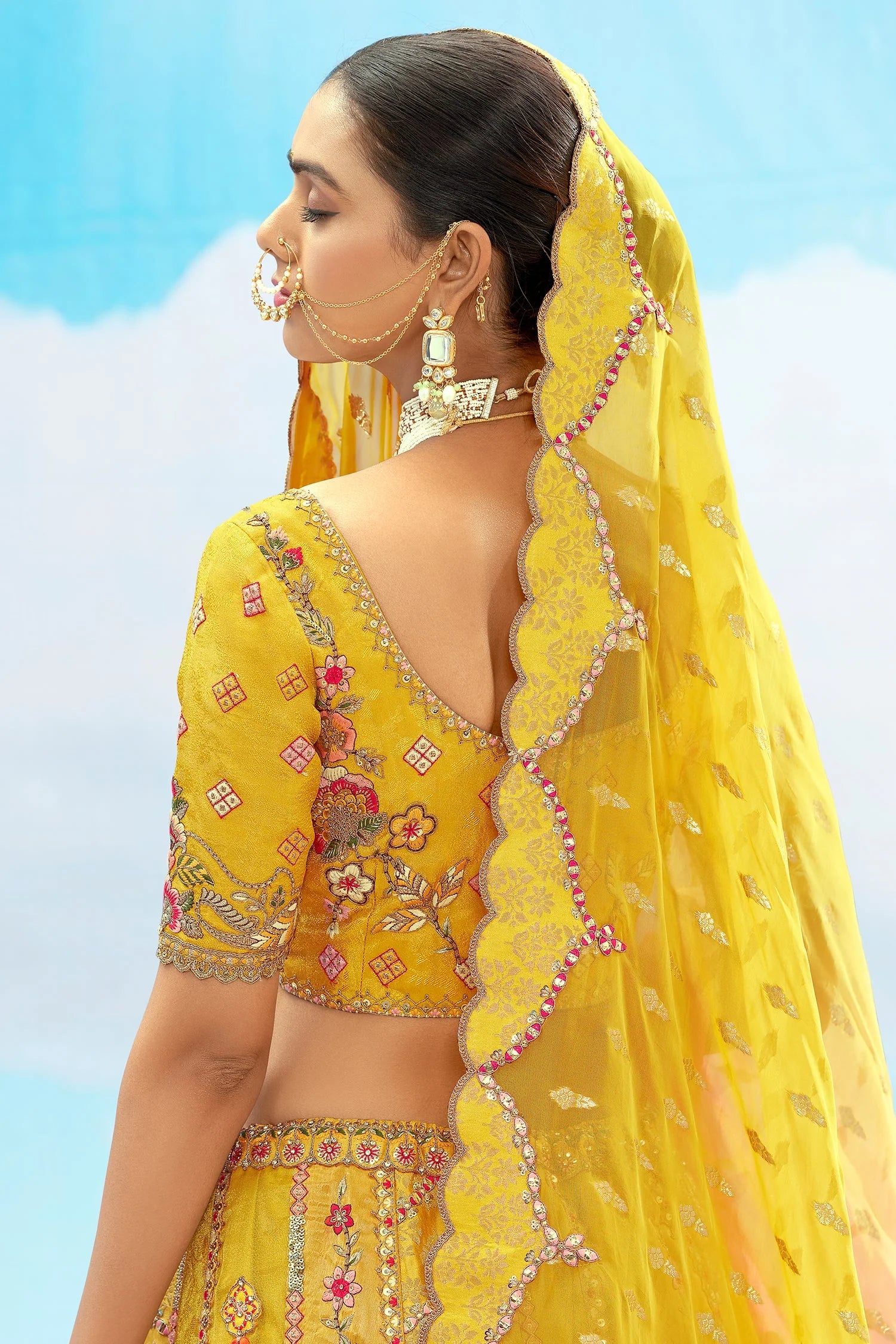 Yellow Embroidered Silk Lehenga with Elegant Sequin Detailing