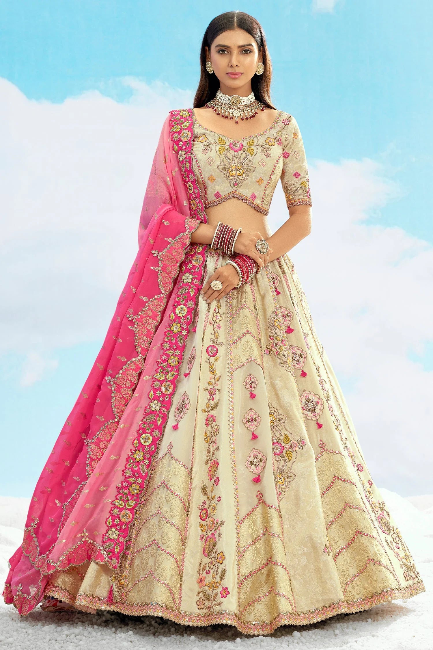 Cream Silk Lehenga with Sequin & Embroidery Work