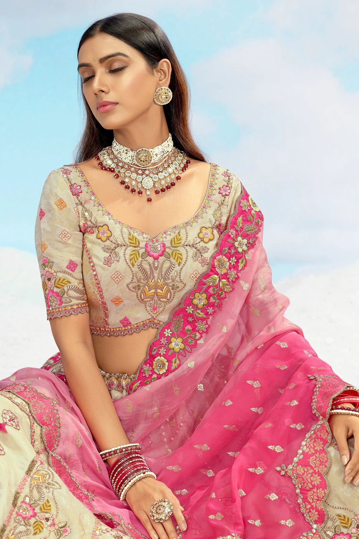 Cream Silk Lehenga with Sequin & Embroidery Work