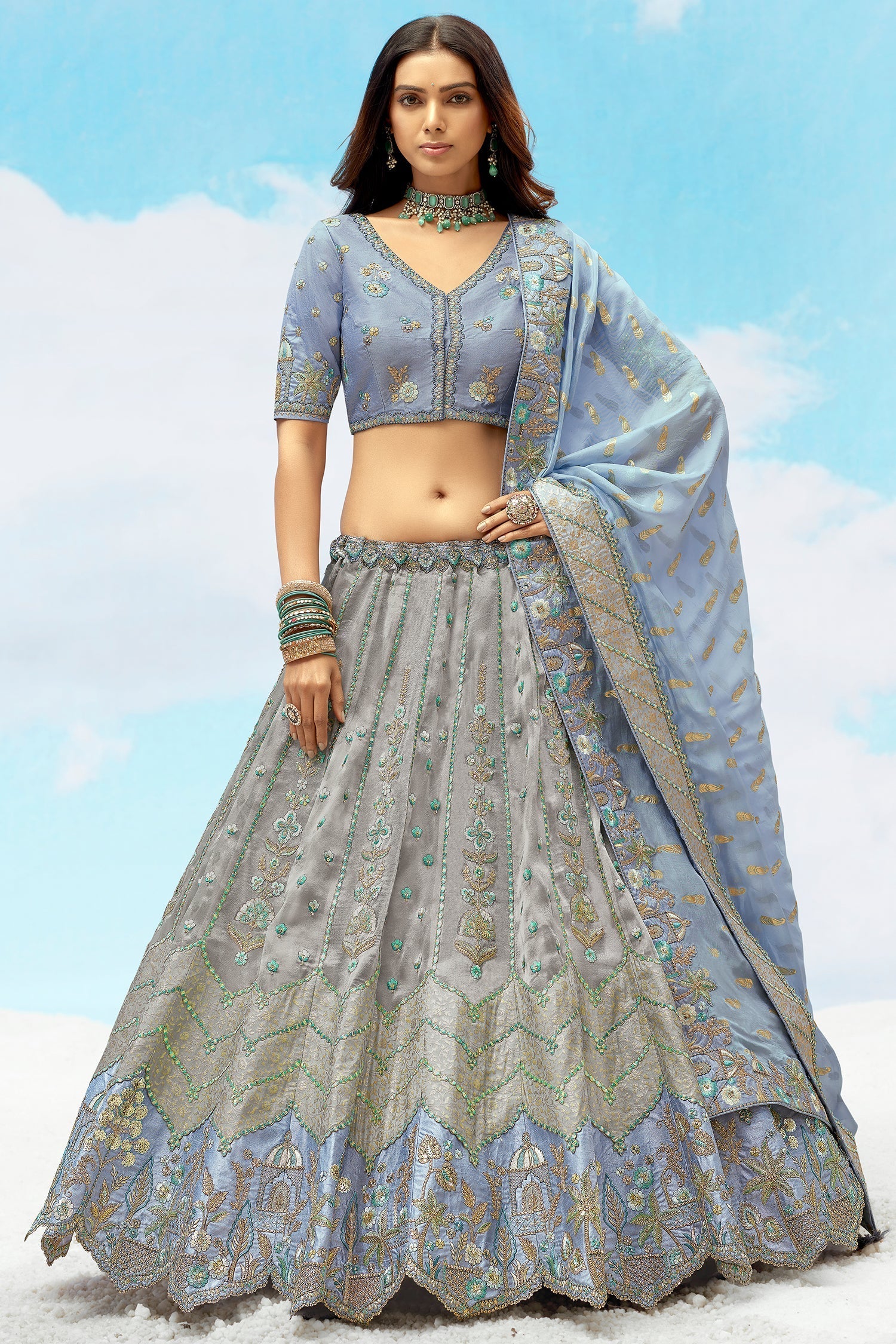 Designer Silk Lehenga with Floral Embroidery & Sequin Detailing