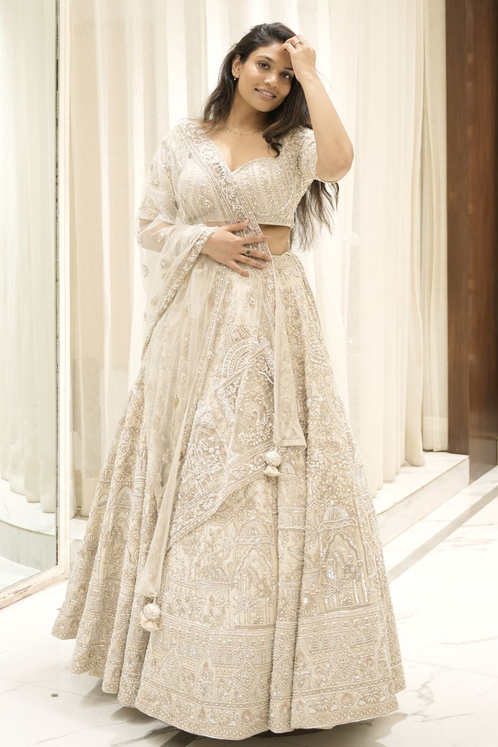 Ivory Silk Designer Bridal Lehenga Choli With All Over Hand Work