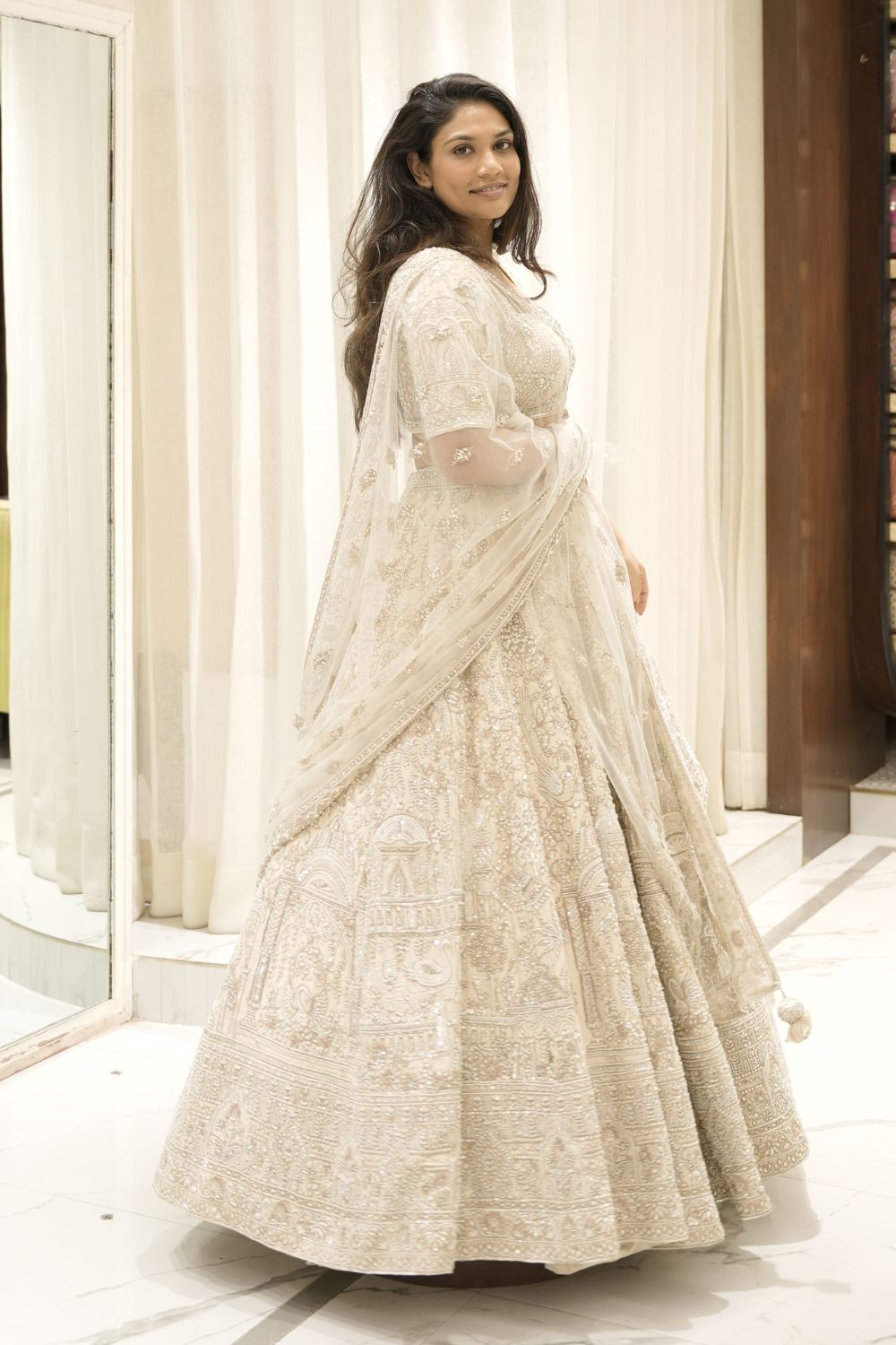 Ivory Silk Designer Bridal Lehenga Choli With All Over Hand Work