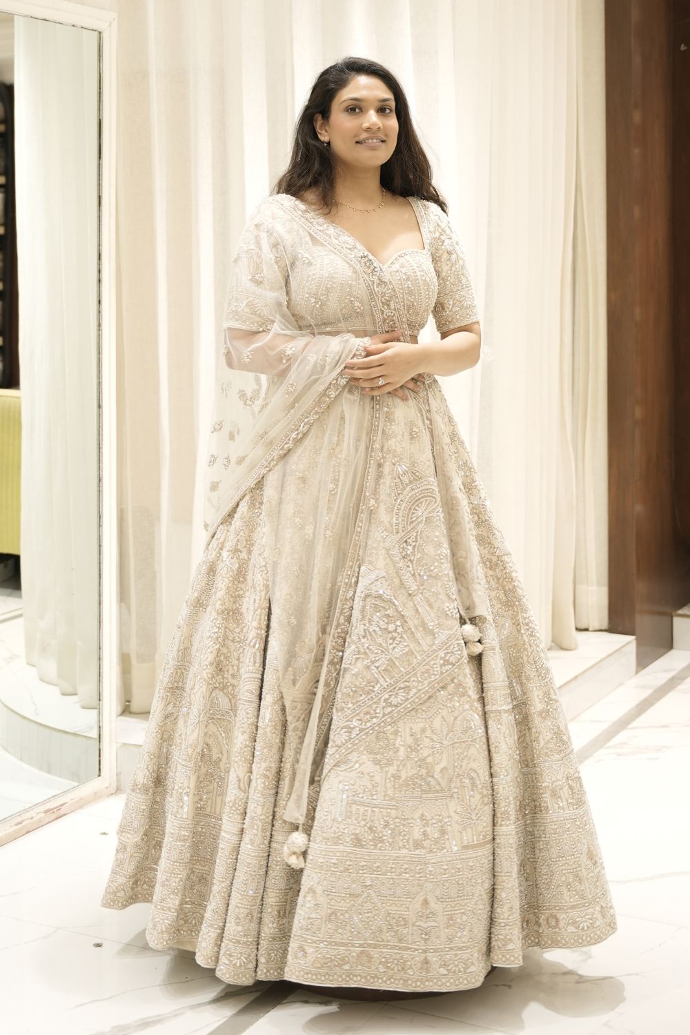 Ivory Silk Designer Bridal Lehenga Choli With All Over Hand Work