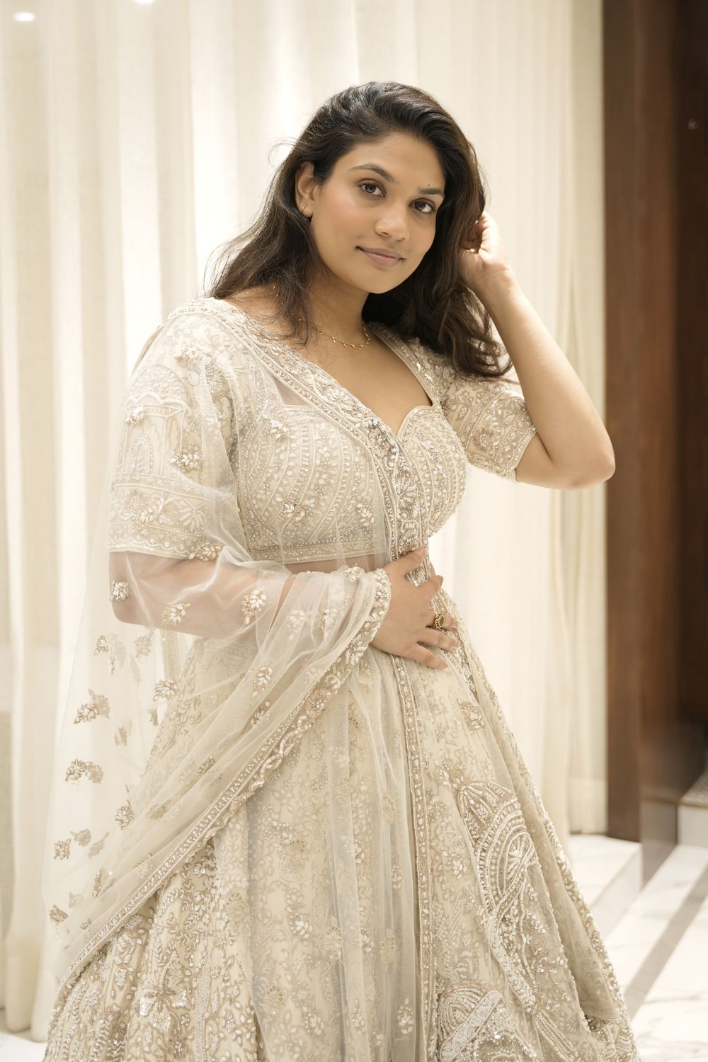 Ivory Silk Designer Bridal Lehenga Choli With All Over Hand Work