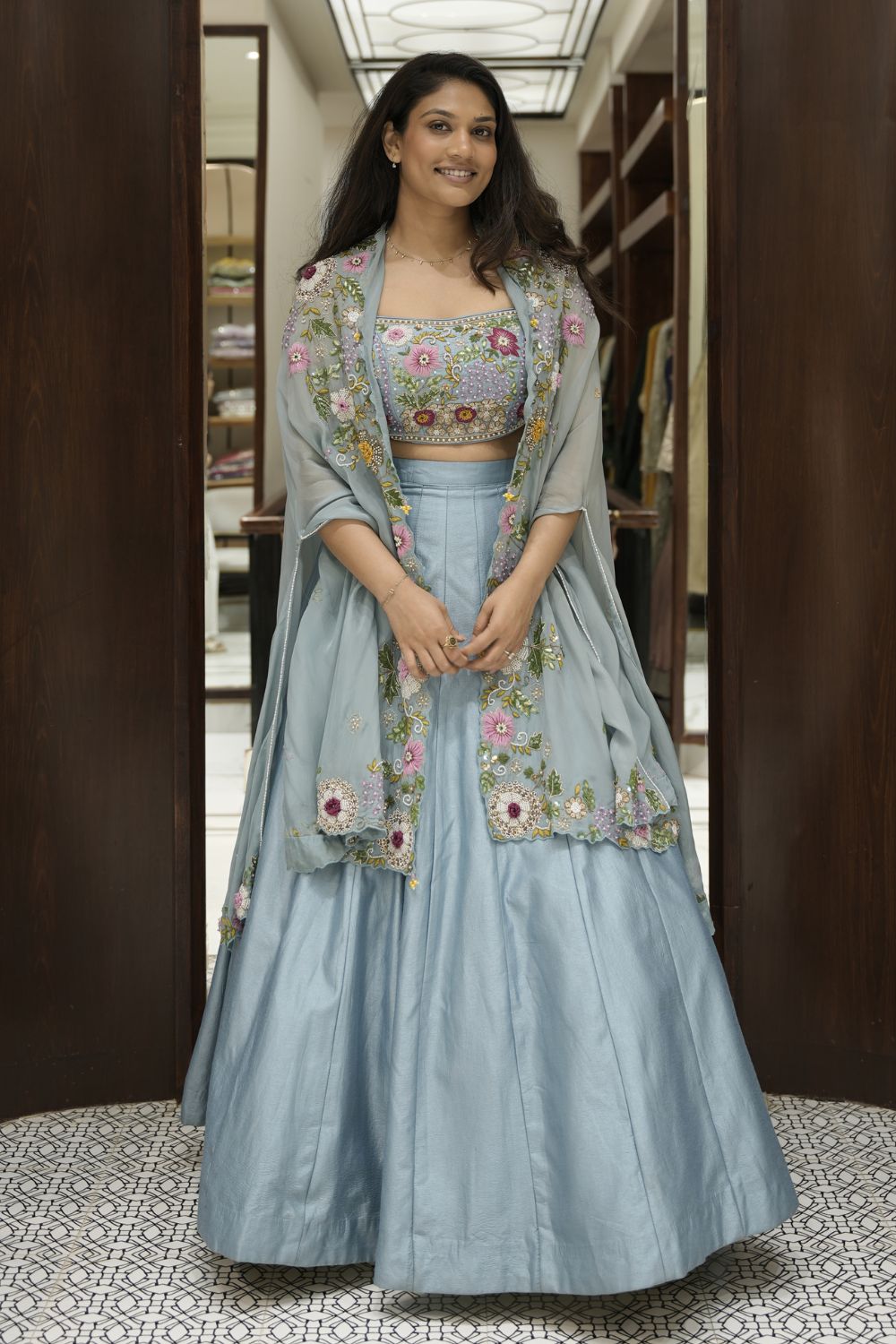 Ocean Blue Silk Handwork Crop Top Lehenga With Jacket