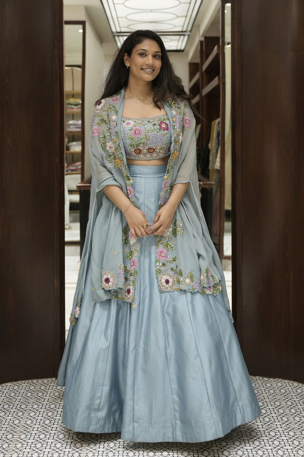 Ocean Blue Silk Handwork Crop Top Lehenga With Jacket