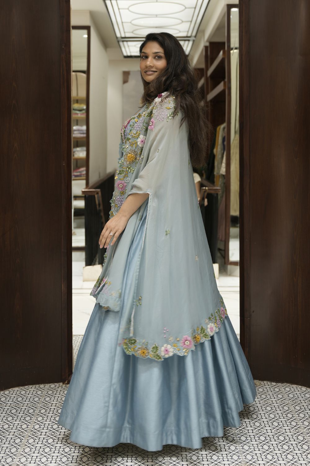 Ocean Blue Silk Handwork Crop Top Lehenga With Jacket