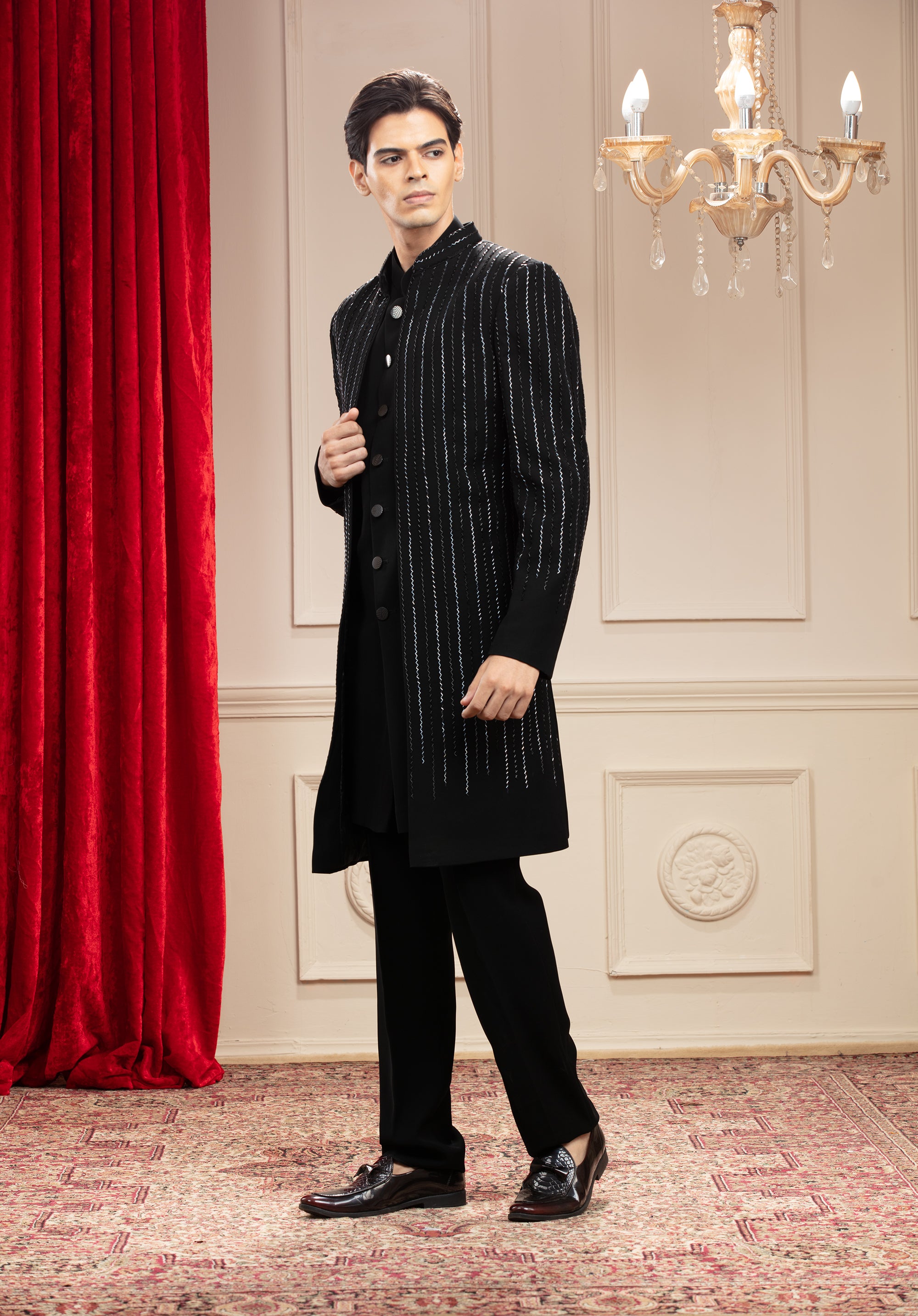 Charcoal Black Open Indo Western Set with Kardana work