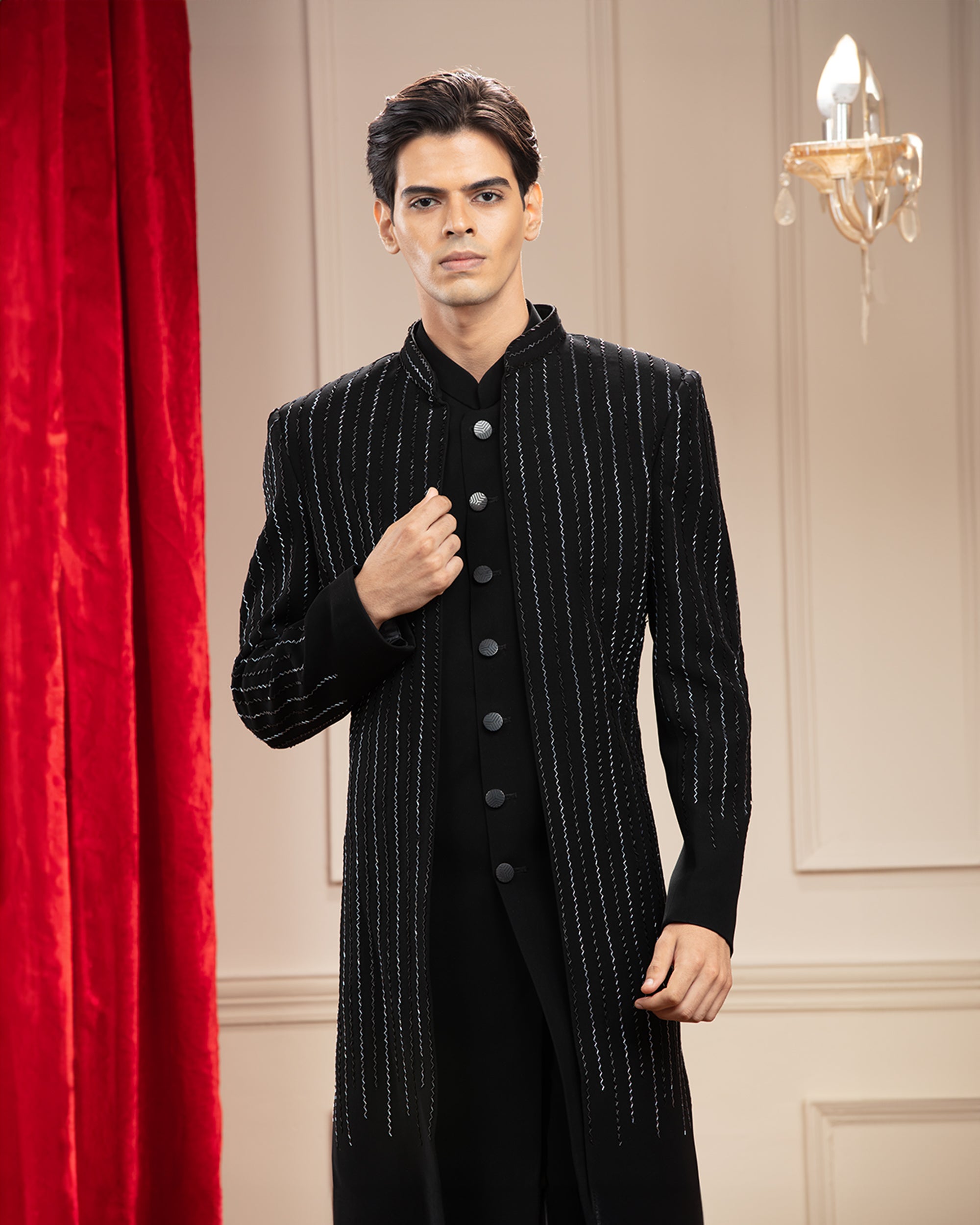 Charcoal Black Open Indo Western Set with Kardana work