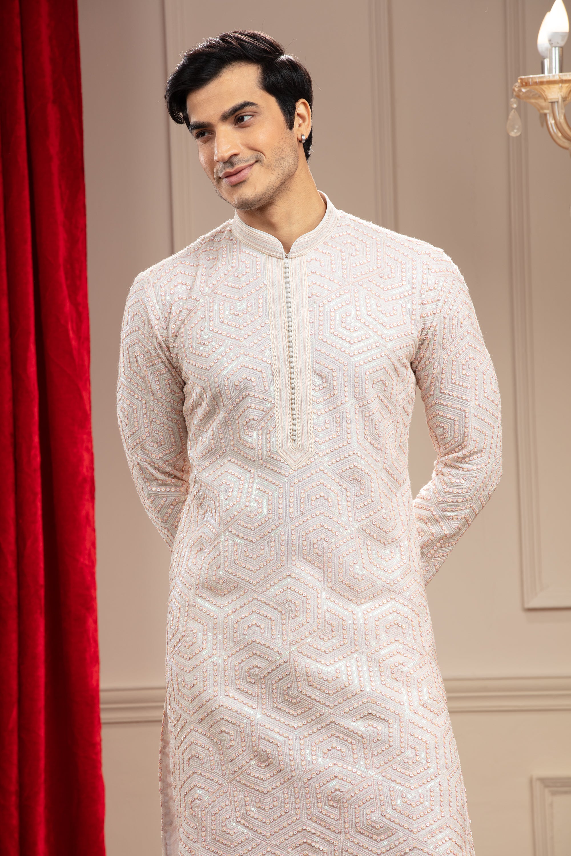 Cream White kurta pajama Set with Hexagonal Sequin work