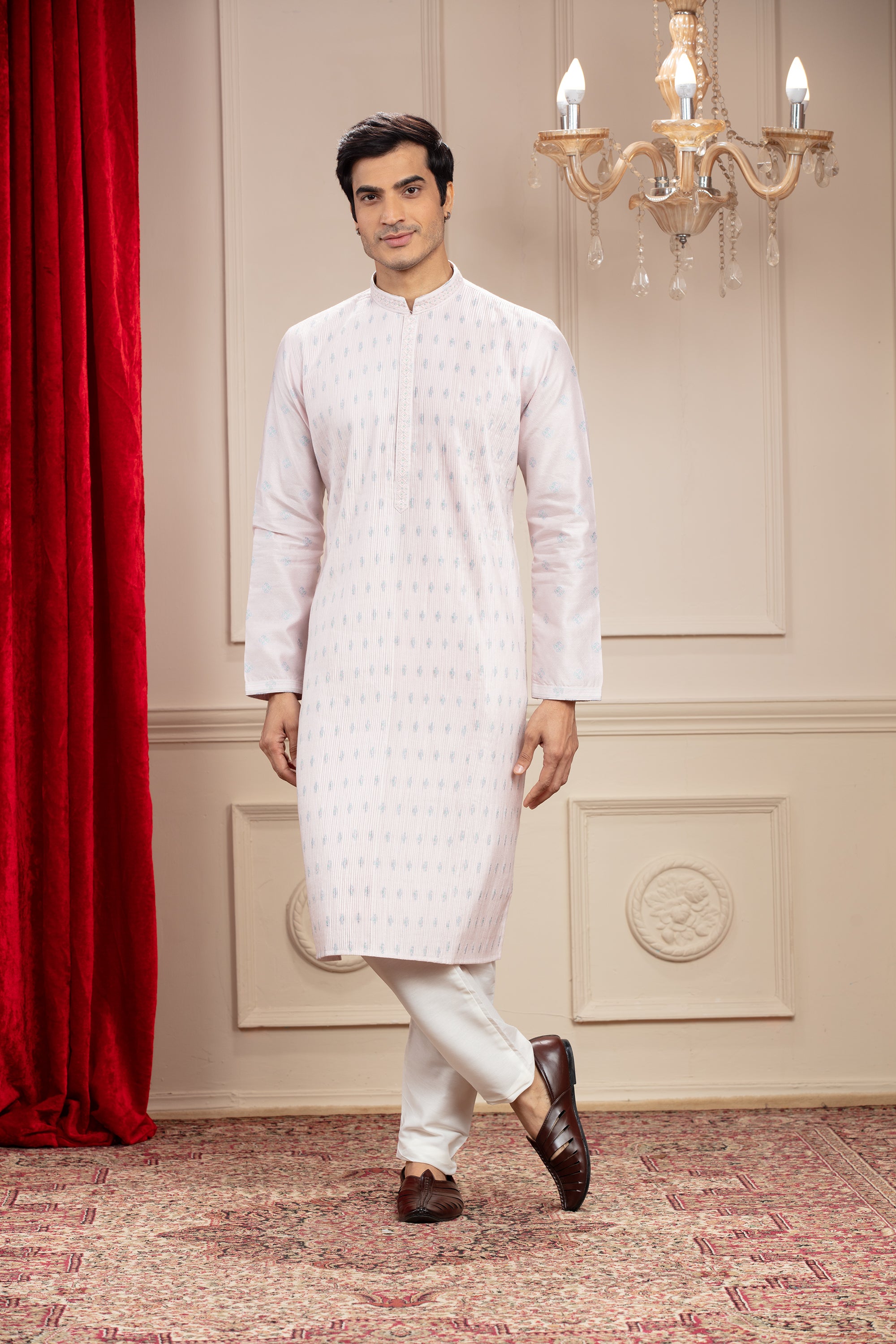 Rose White Pleating kurta with mirror work