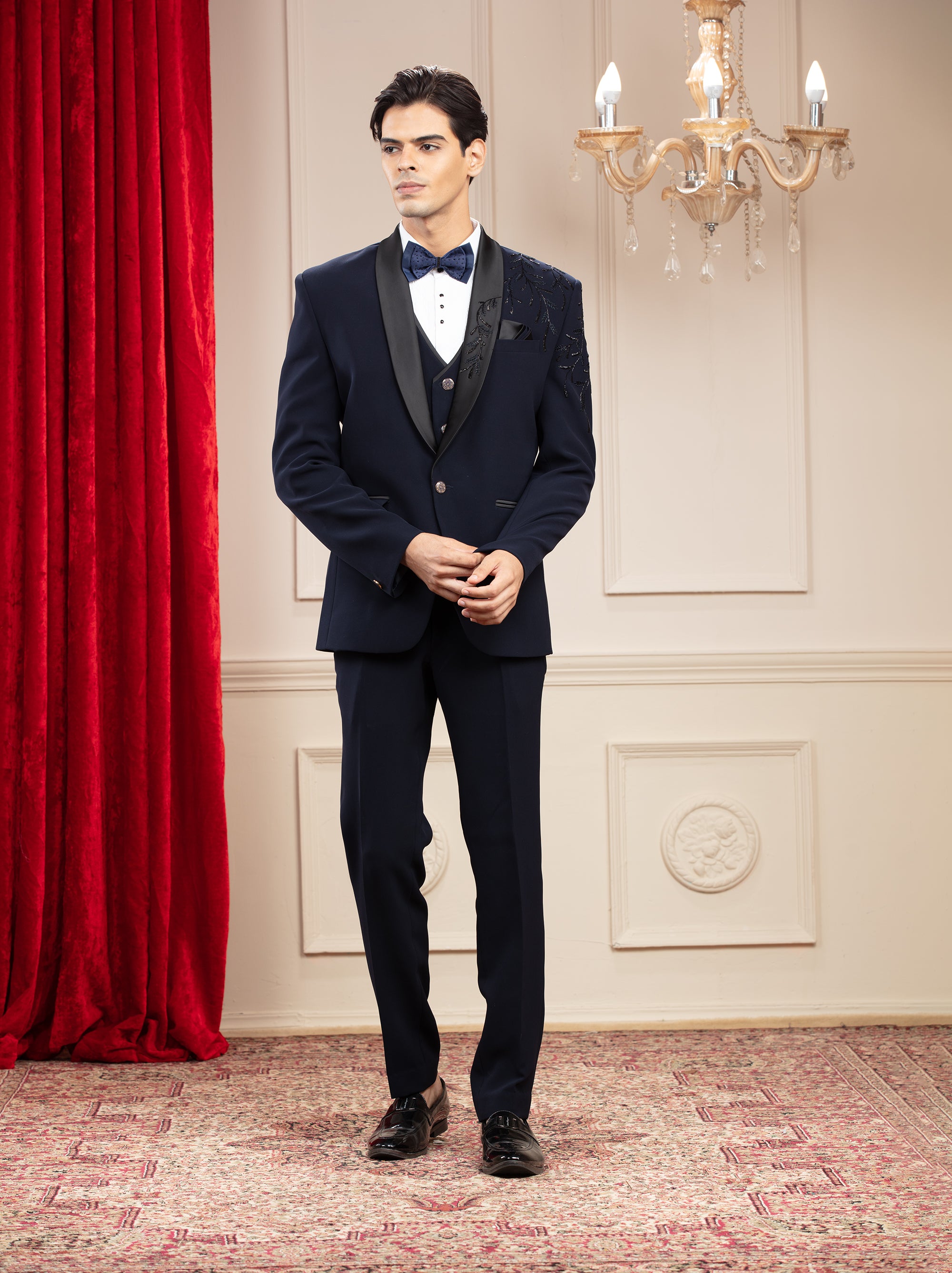 Midnight Blue Tuxedo with hand embroidery and bow tie