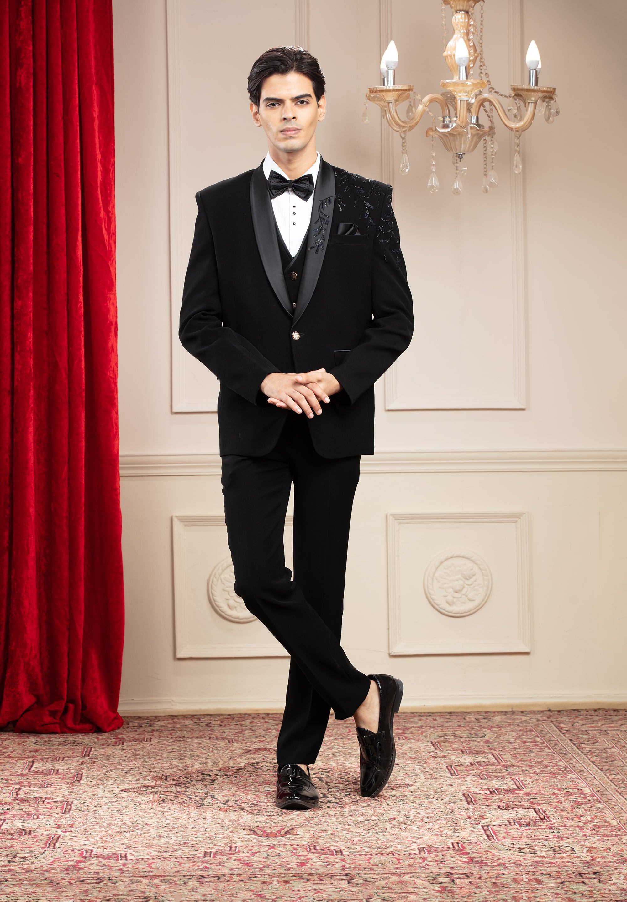Jet Black Tuxedo with hand embroidery and bow tie
