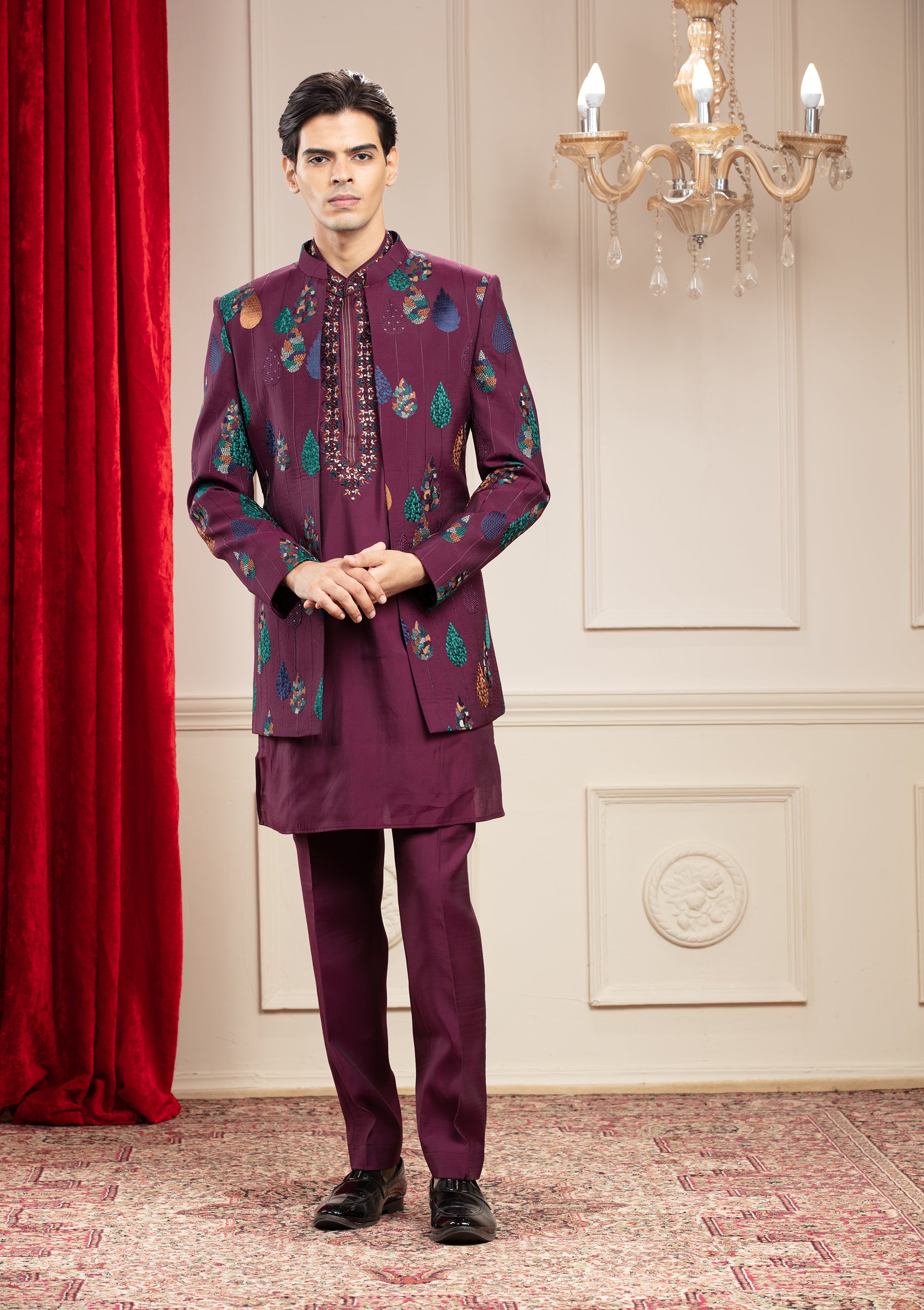 Maroon Open Jodhpuri Set with Resham and Computer Embroidery