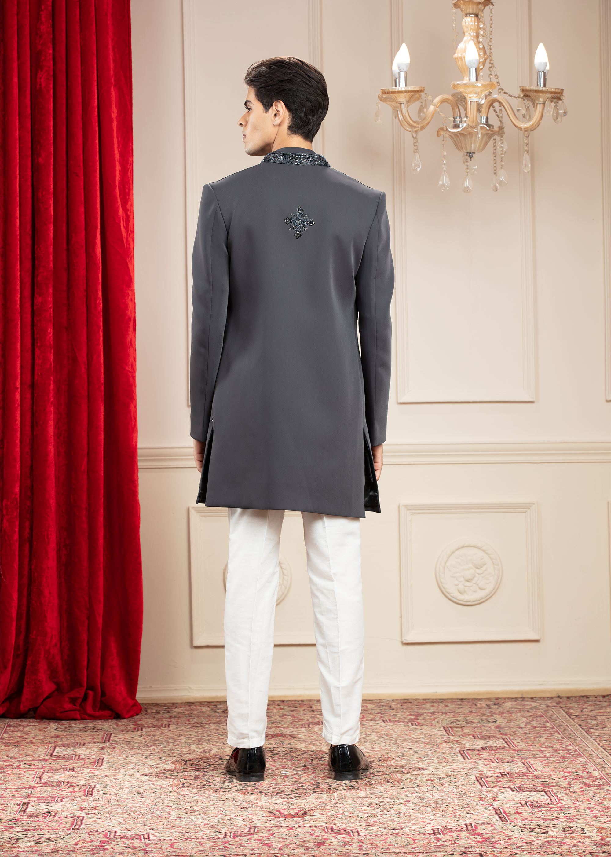Slate Grey open Indo western kurta set with cutdana work borders