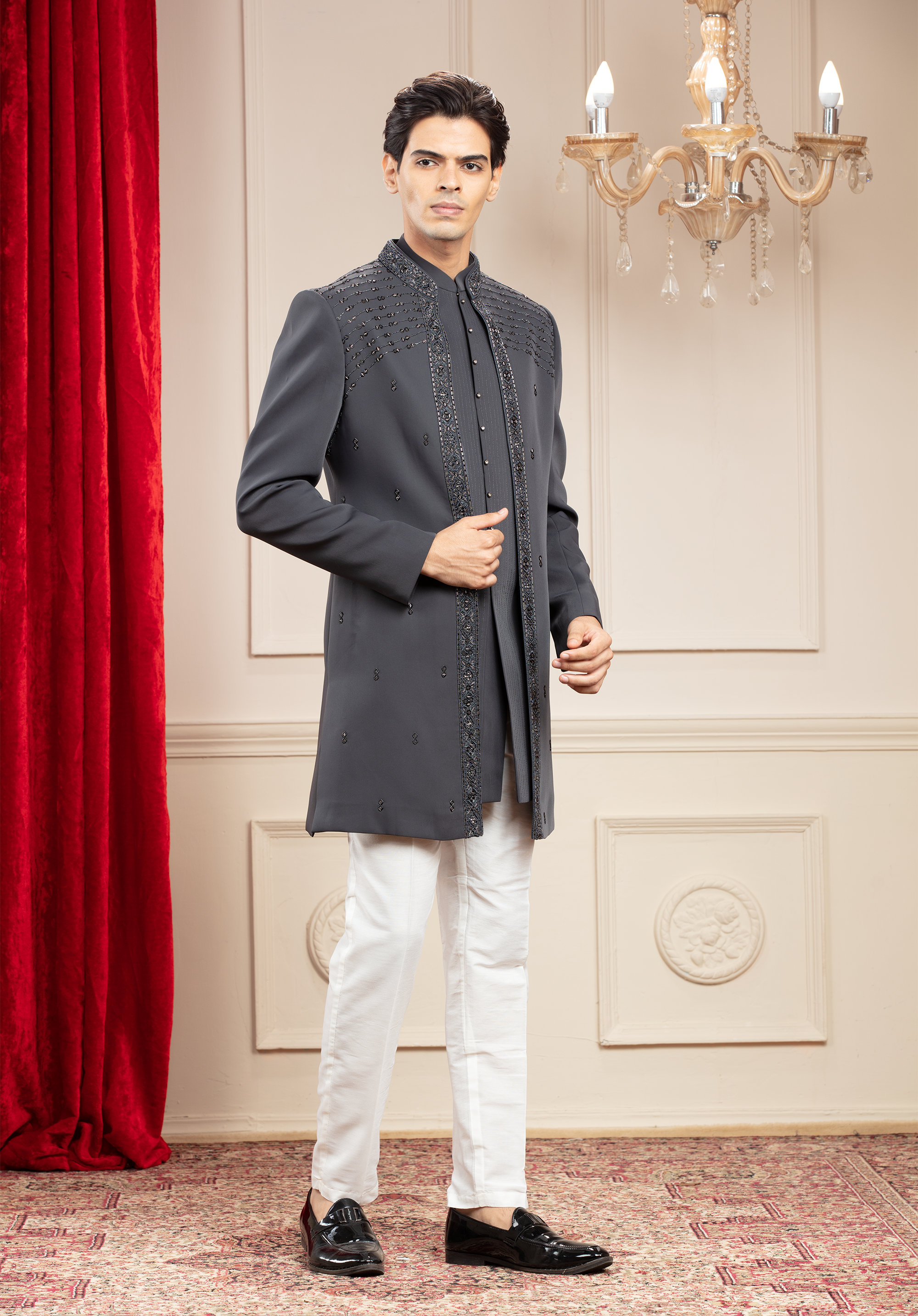 Slate Grey open Indo western kurta set with cutdana work borders