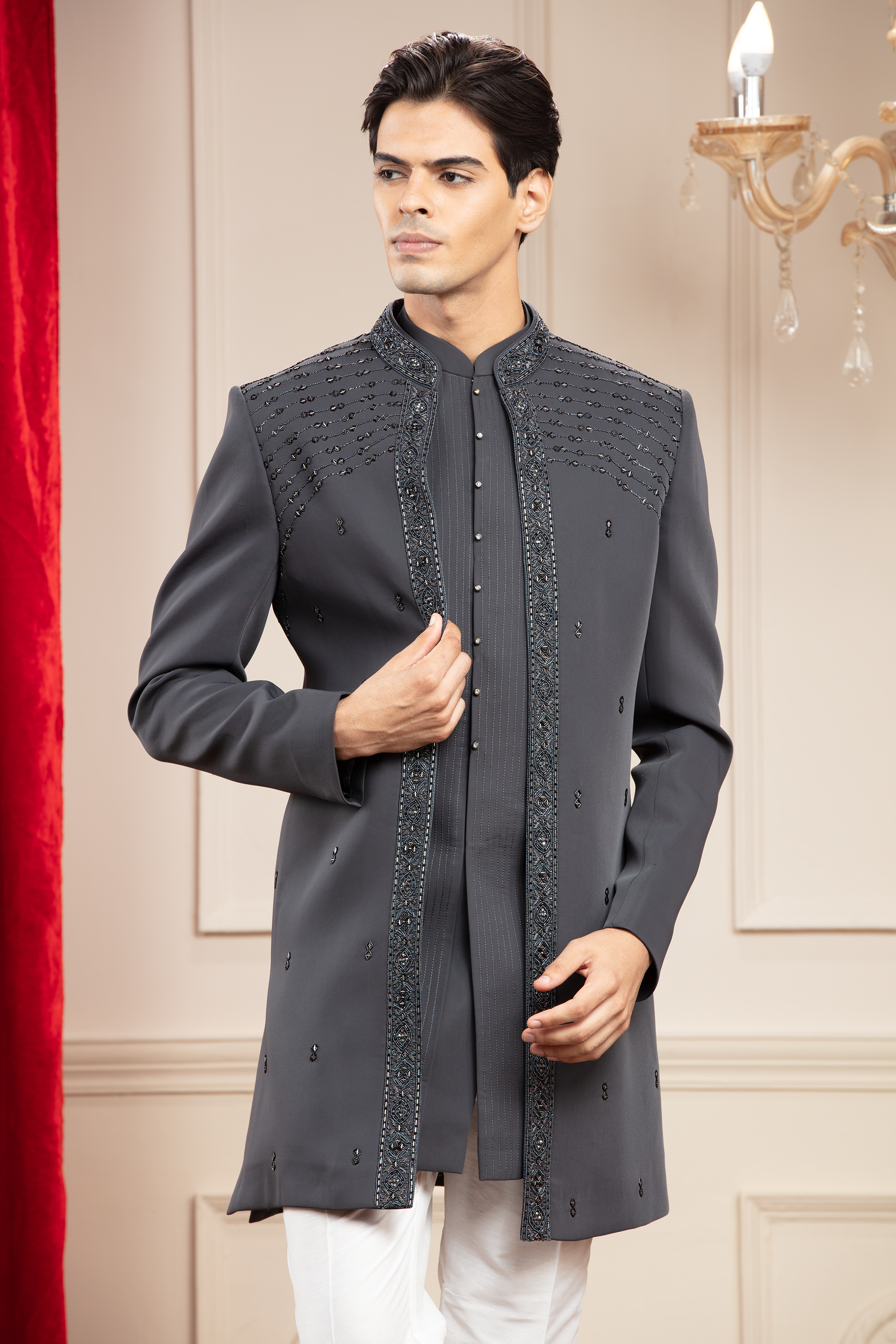 Slate Grey open Indo western kurta set with cutdana work borders