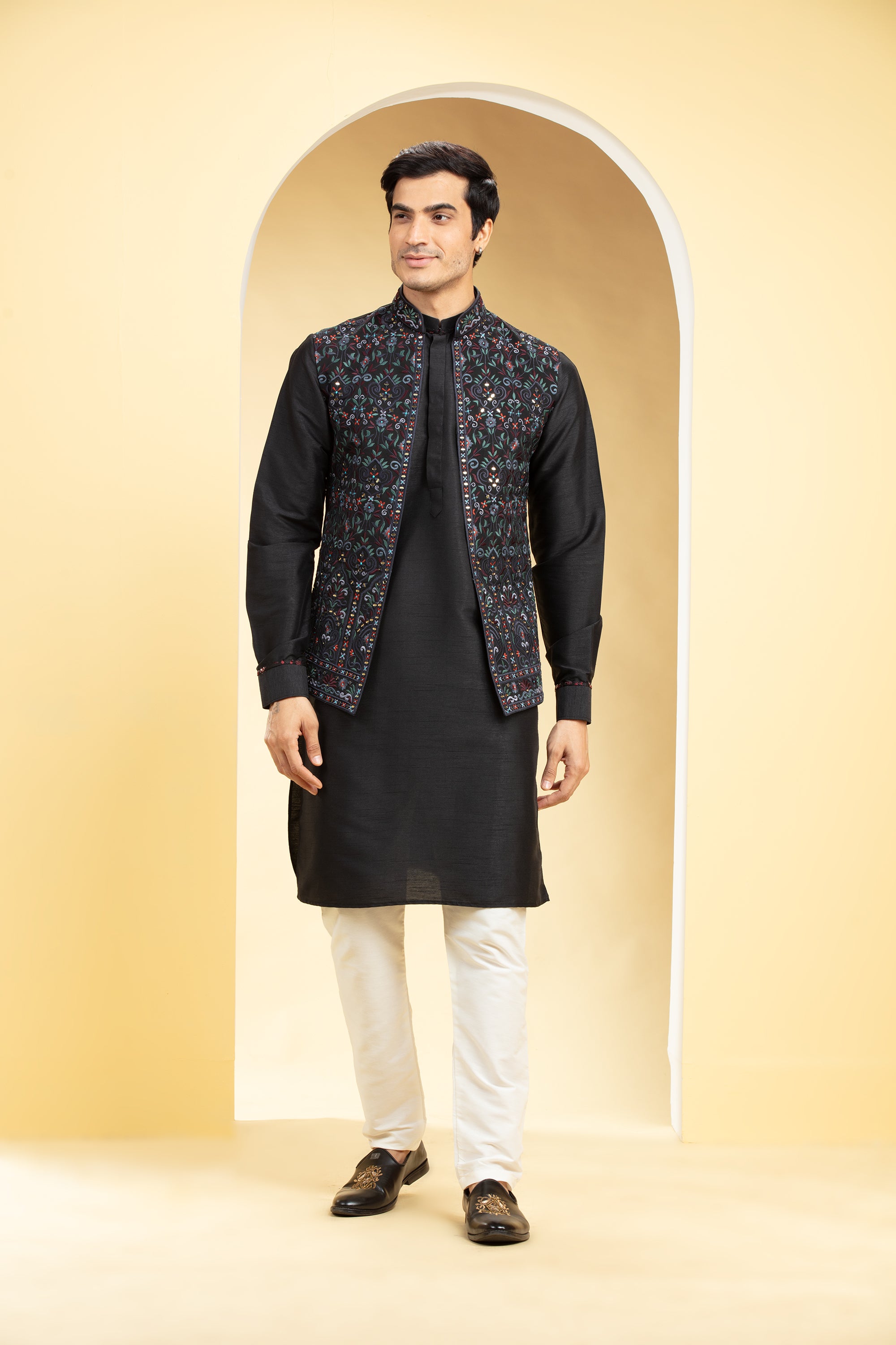 Jet Black Open Jodhpuri with Thread and mirror placement work