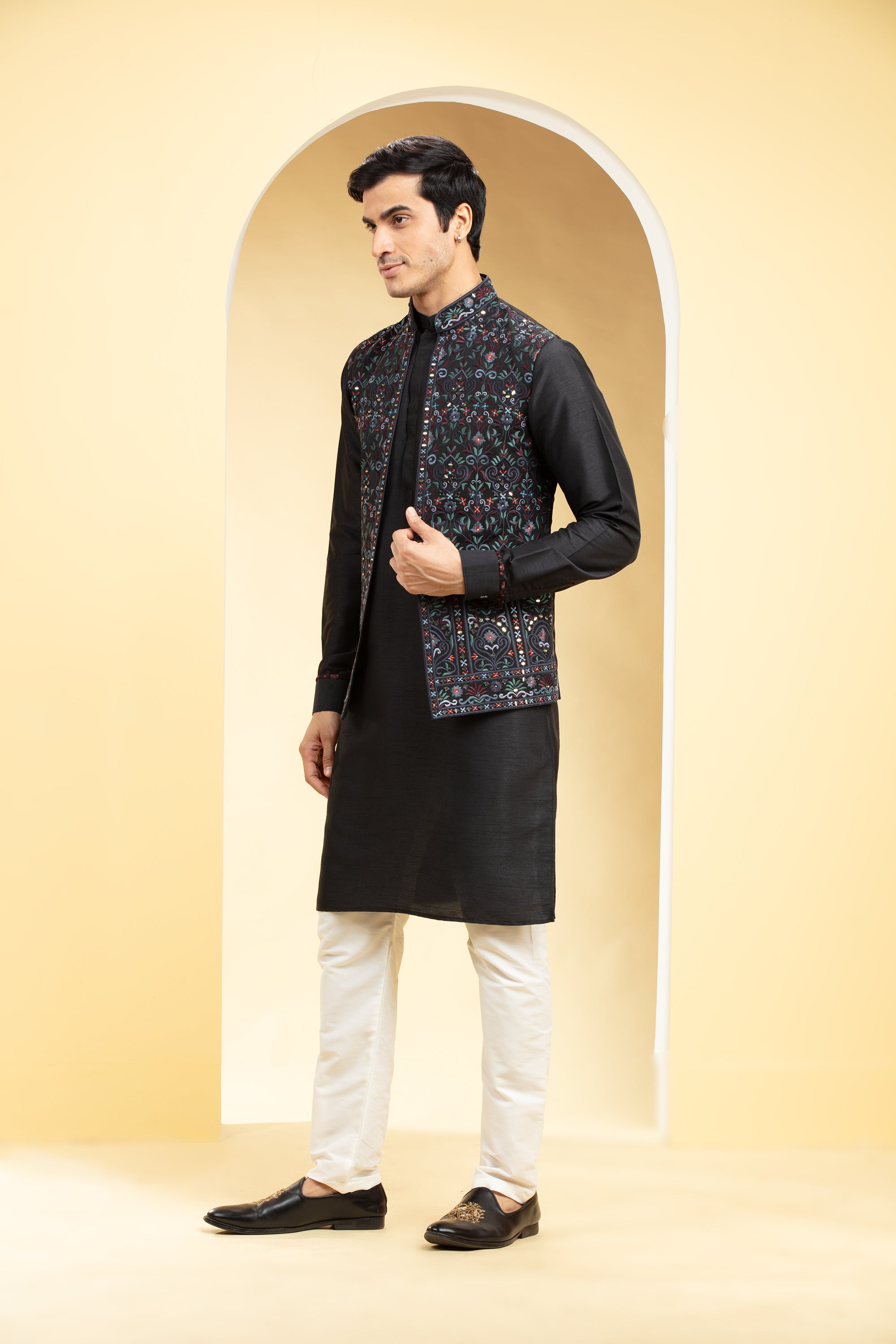 Jet Black Open Jodhpuri with Thread and mirror placement work