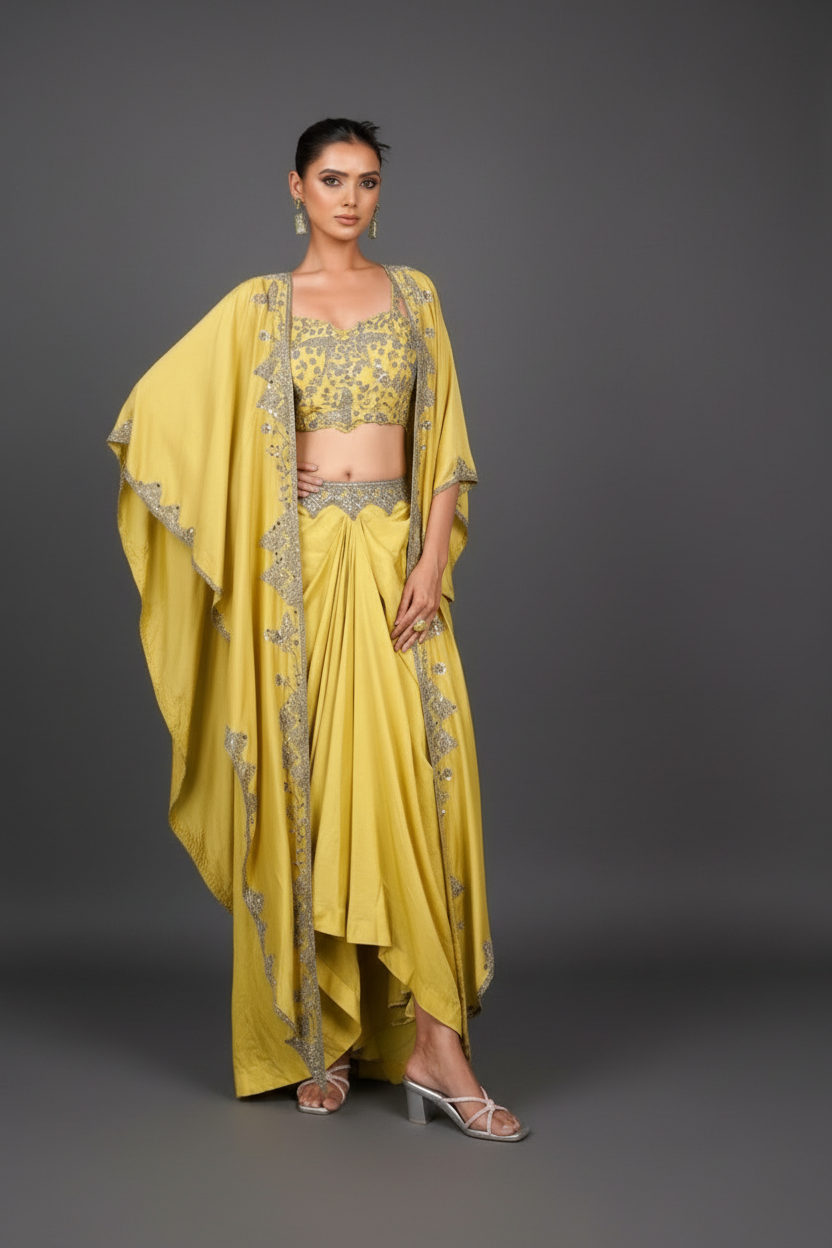 Yellow gaji silk Indo western
