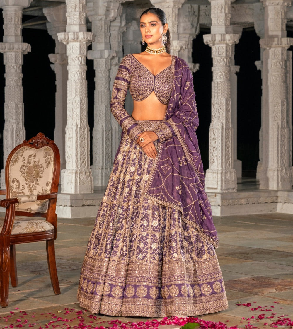Purple banarasi silk lehenga choli with marodi work