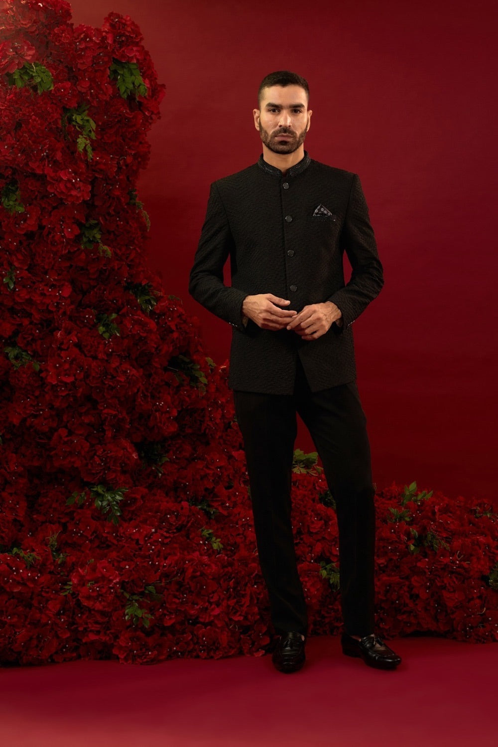 Silk suit with hand work on neckline and pocket