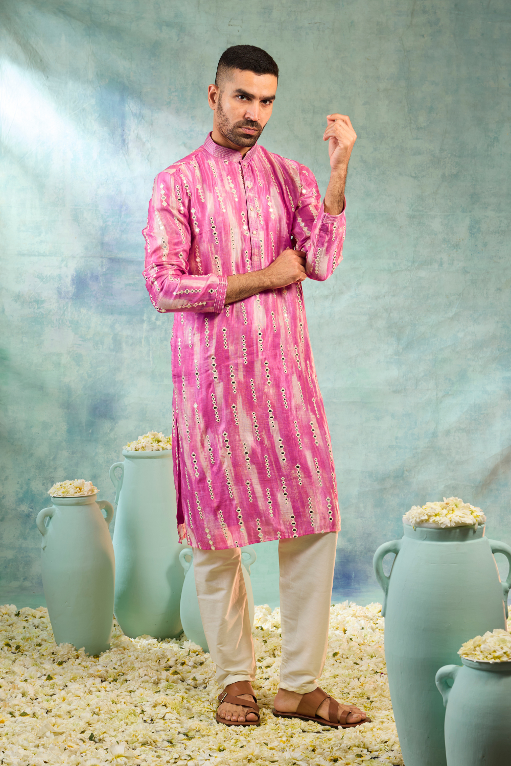 Kurta with thread and mirror work with cream pyjama