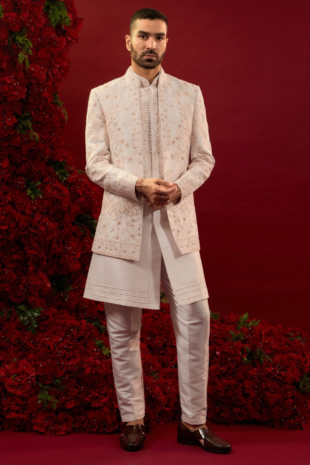 Rose white silk open koti set with detailed machine work