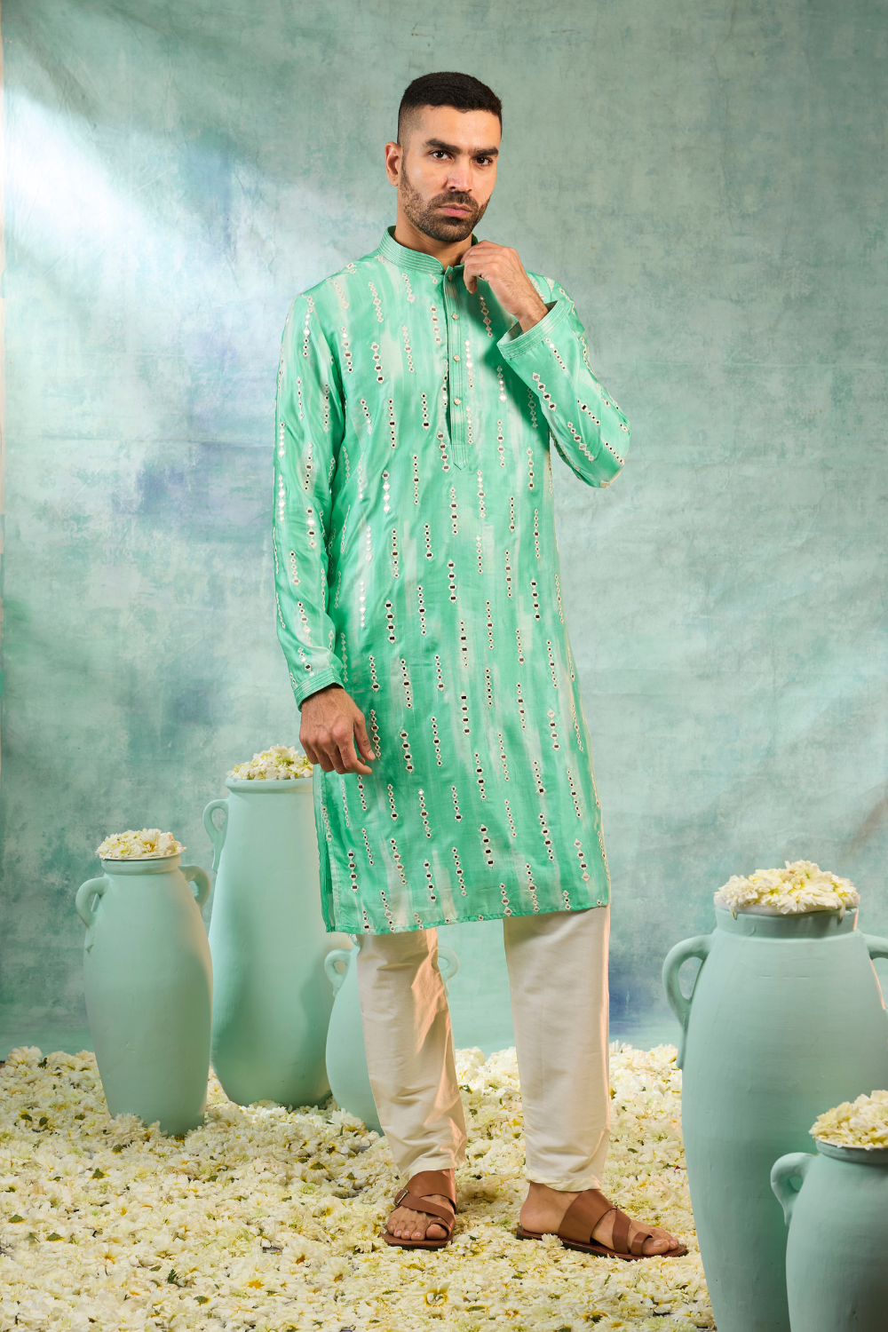 Kurta with thread and mirror work with cream pyjama
