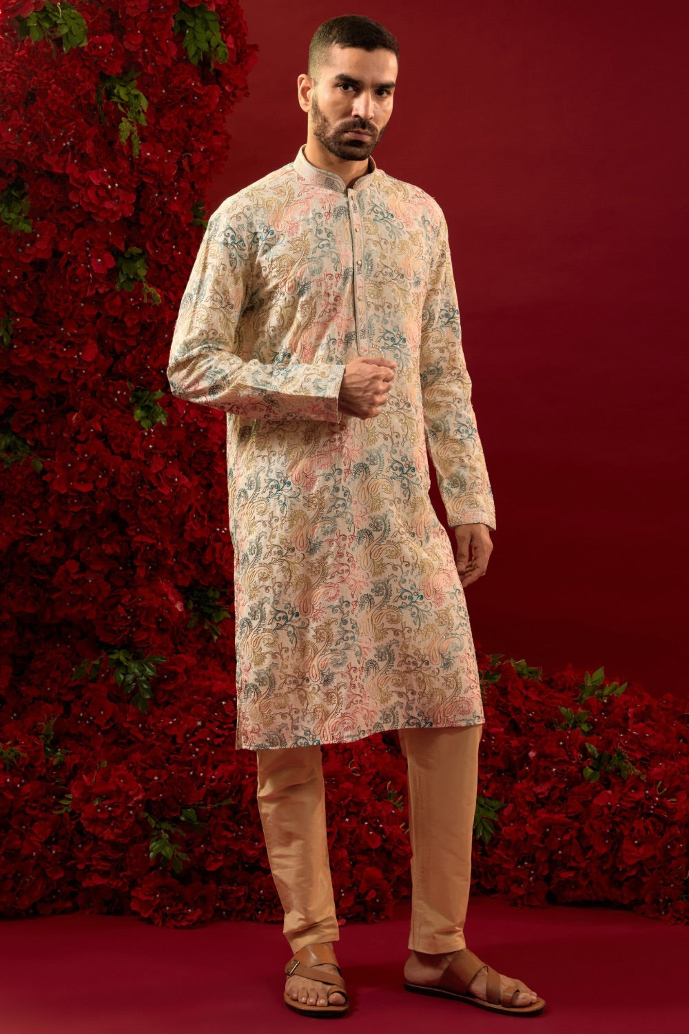 Pink silk kurta & pajama with machine work