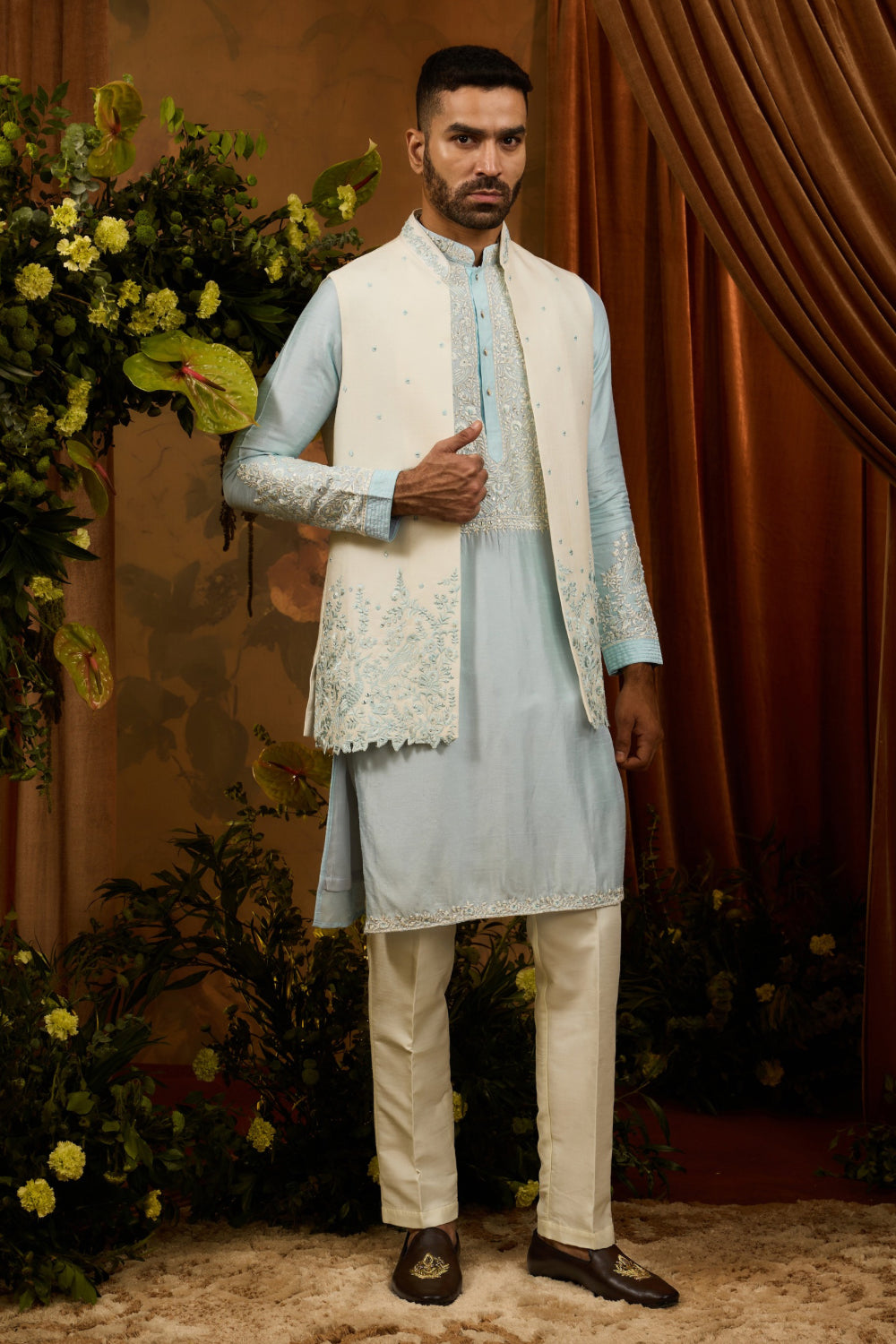 Silk koti with firozi kurta set with embroidery work