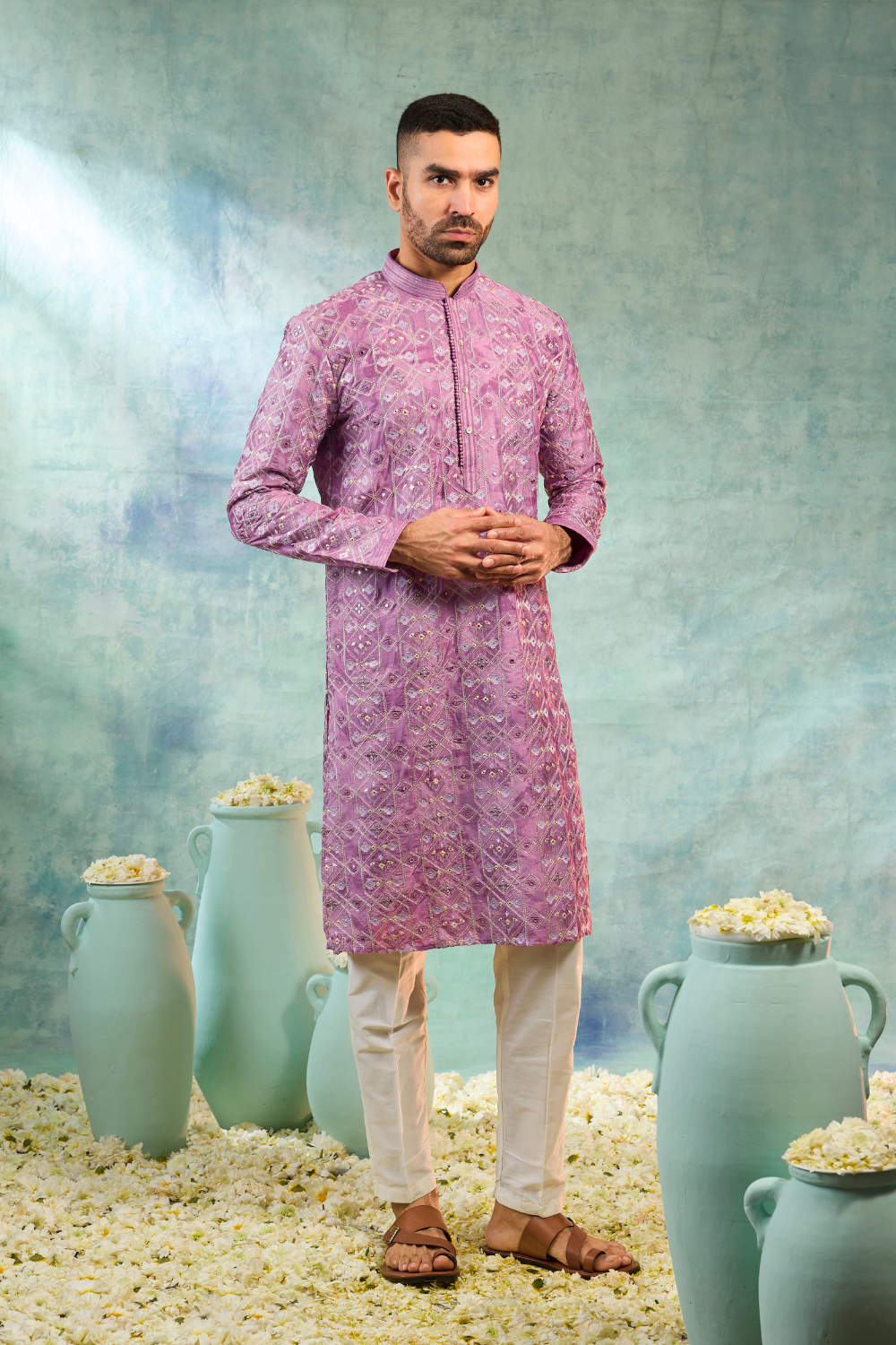 Deep pink kurta with golden thread and mirror work with Pyjama