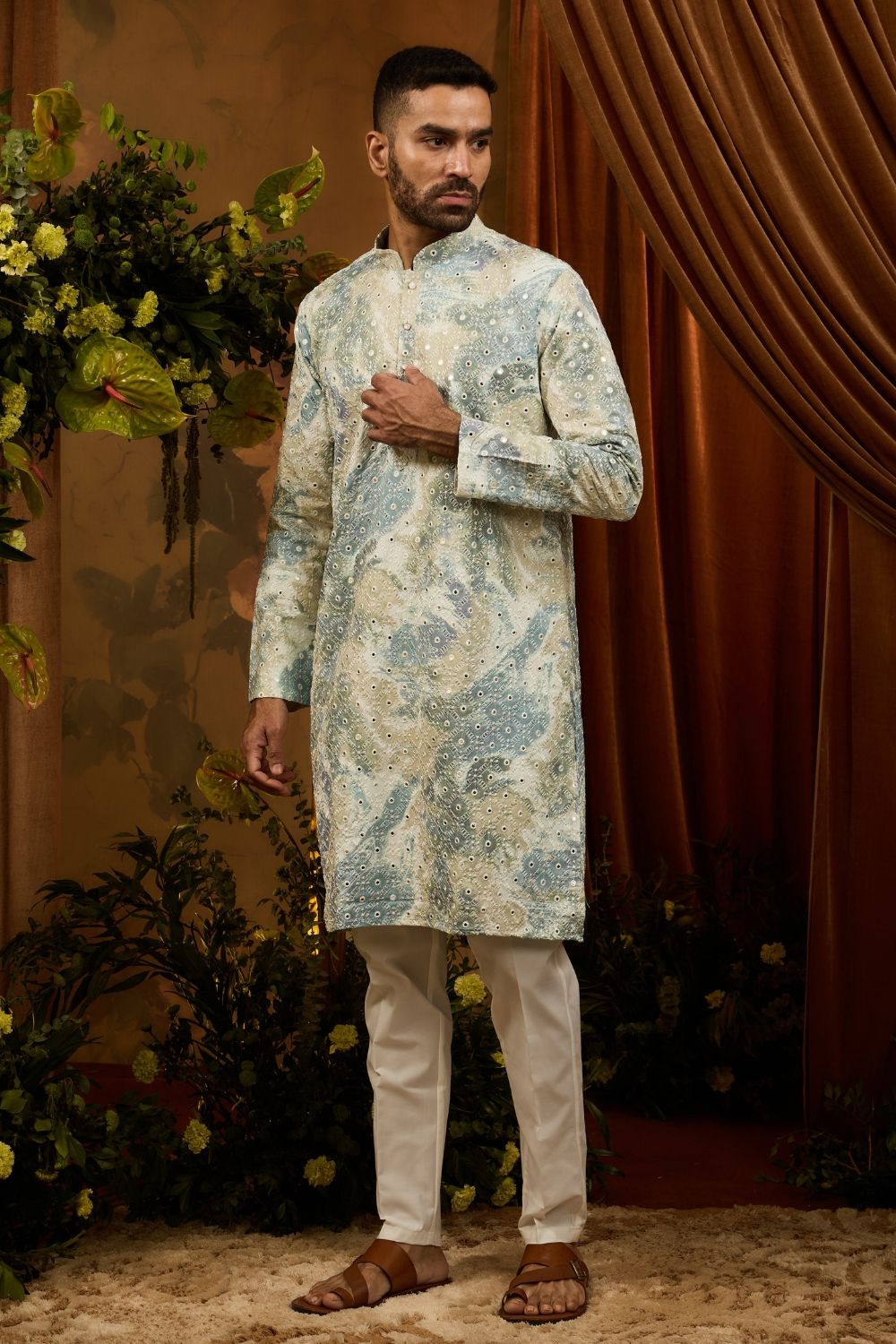 Silk kurta pajama set with white embroidery and mirror work