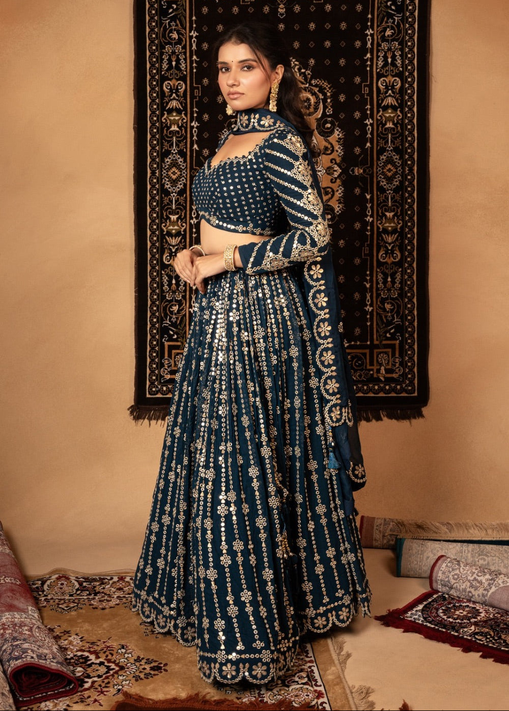 Dark Blue georgette lehenga choli with foil mirror work