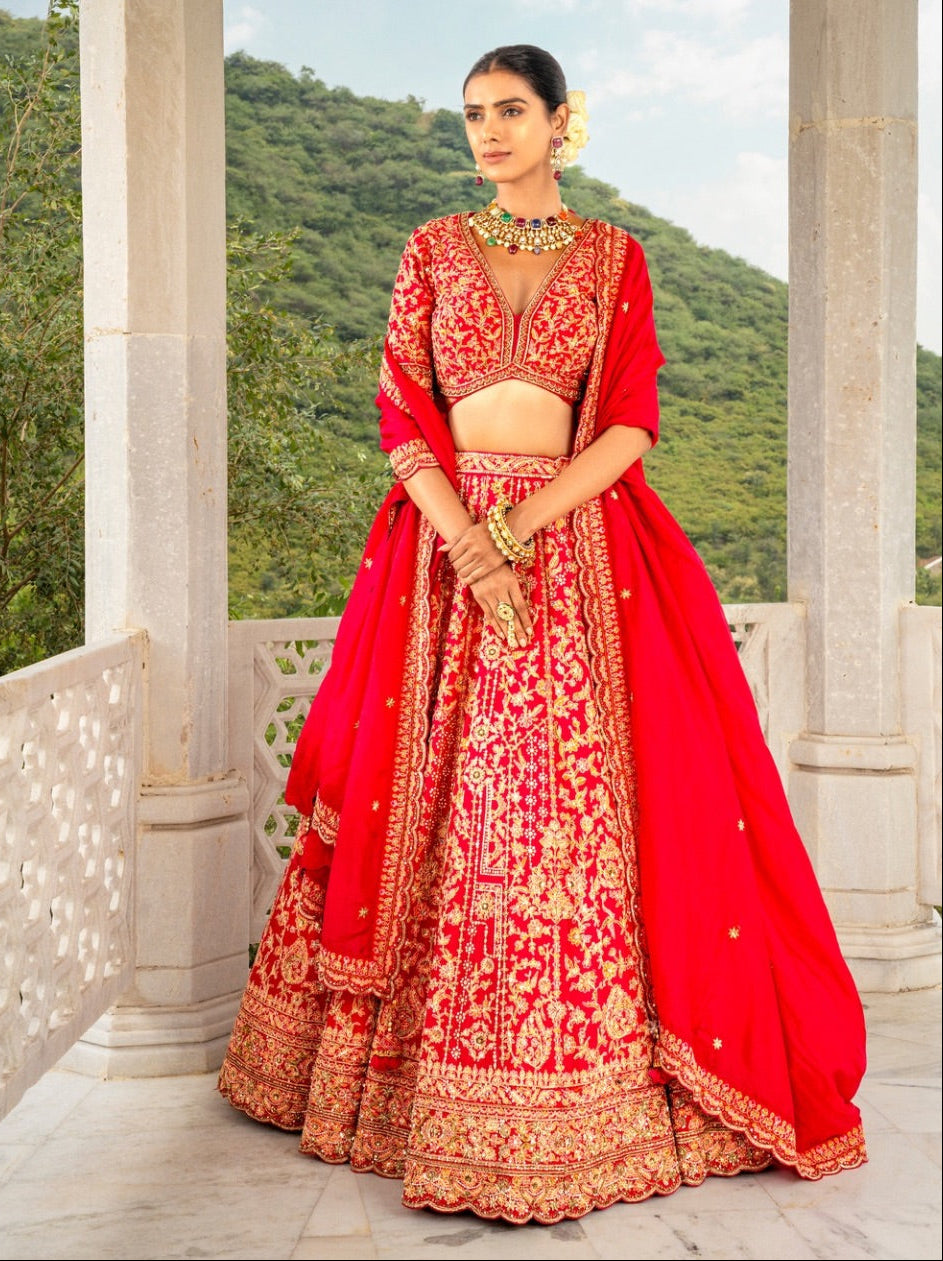 Bright red soft silk lehenga choli with zardozi and hand cut dana work