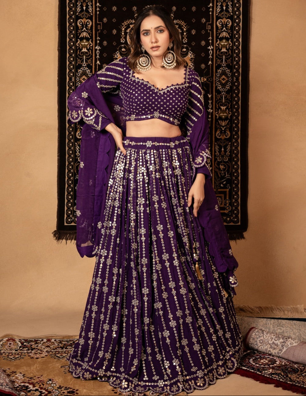 Purple georgette lehenga choli with foil mirror work