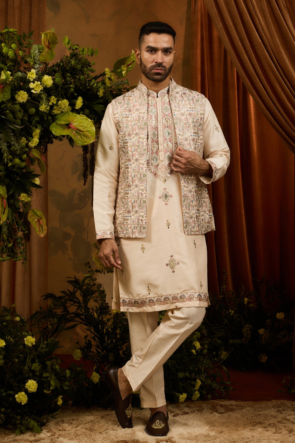 Peach silk koti set with multicolour thread embroidery