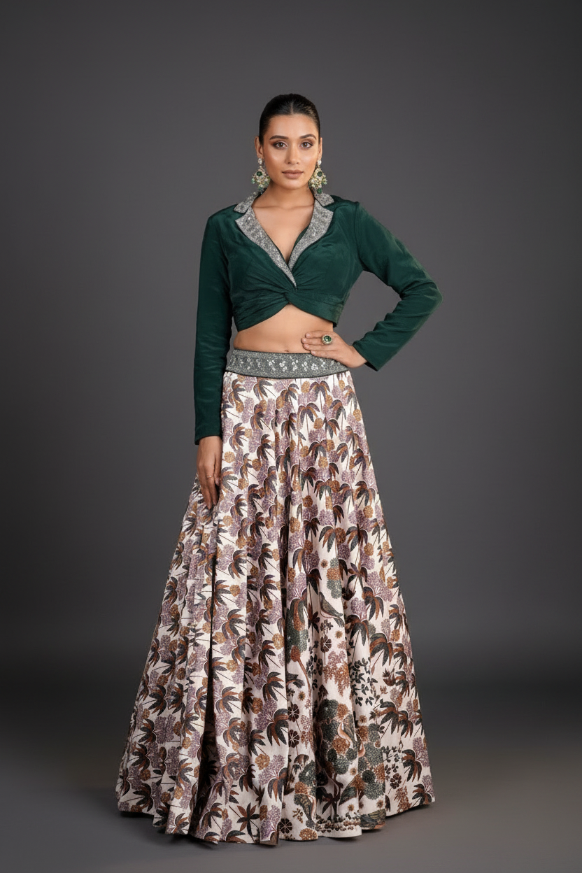 Bottle green soft silk Indo western