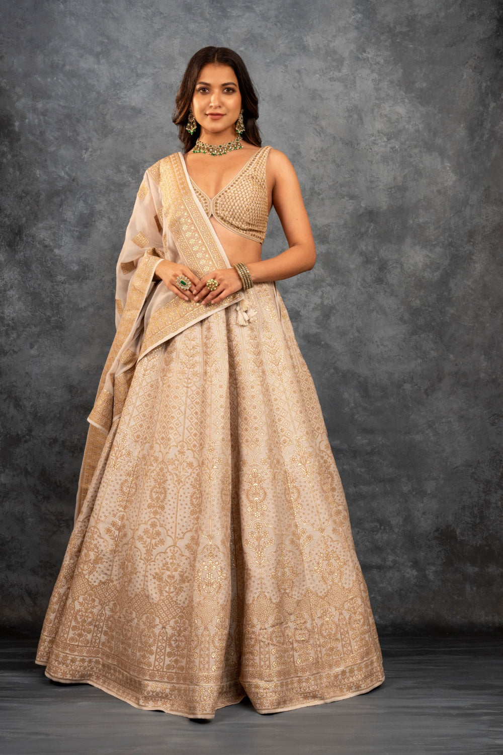 Beige banarasi silk lehenga choli with sequins hand cut dana and dori work