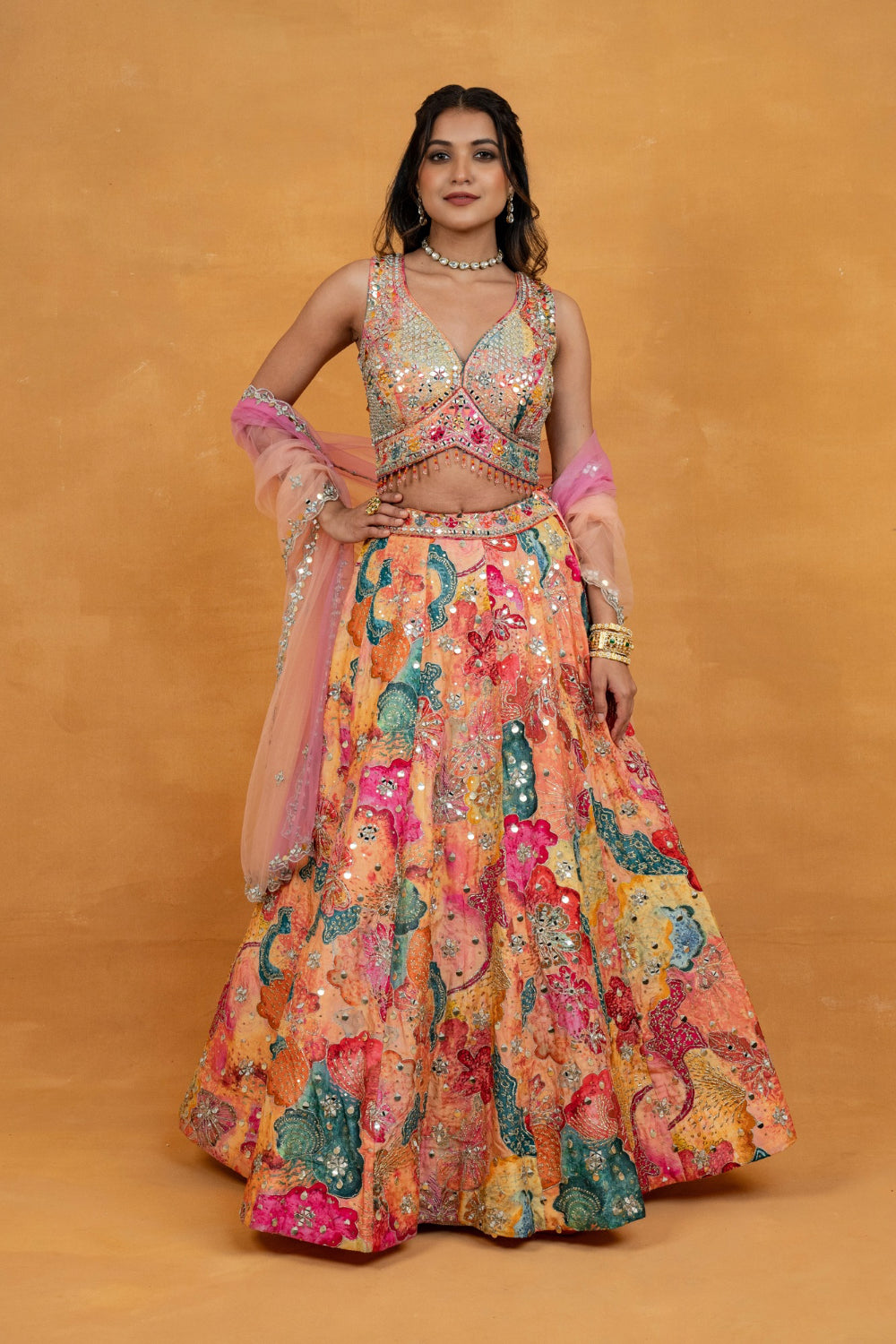 Multicolour printed silk lehenga choli with mirror, foil, sequins and bead work