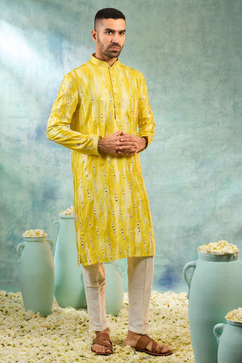 Kurta with thread and mirror work with cream pyjama